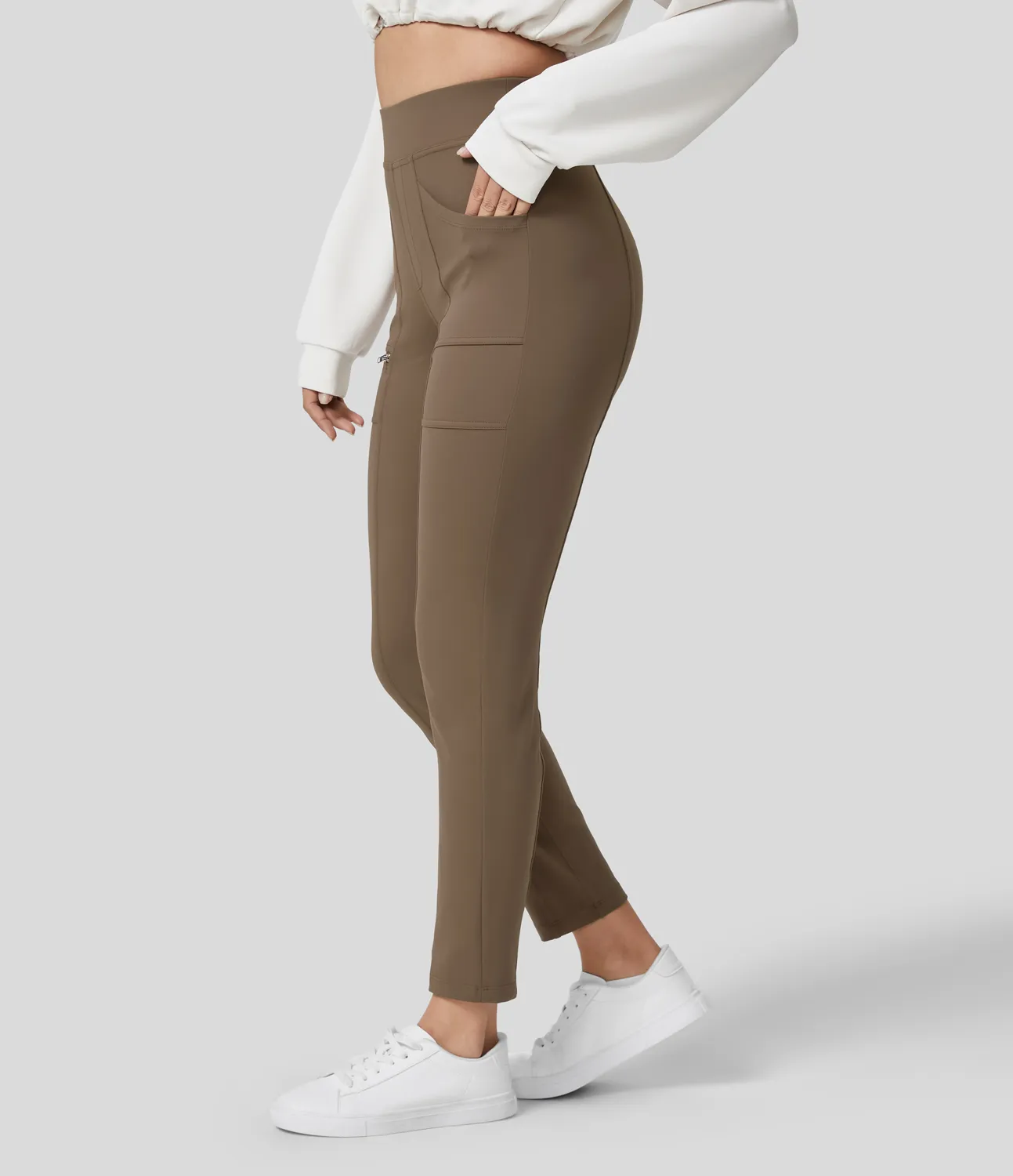 Halara Pantalón ajustado cremallera múltiple bolsillo tiro alto - Teak - M(petite) sold by Halara product image thumbnail 4