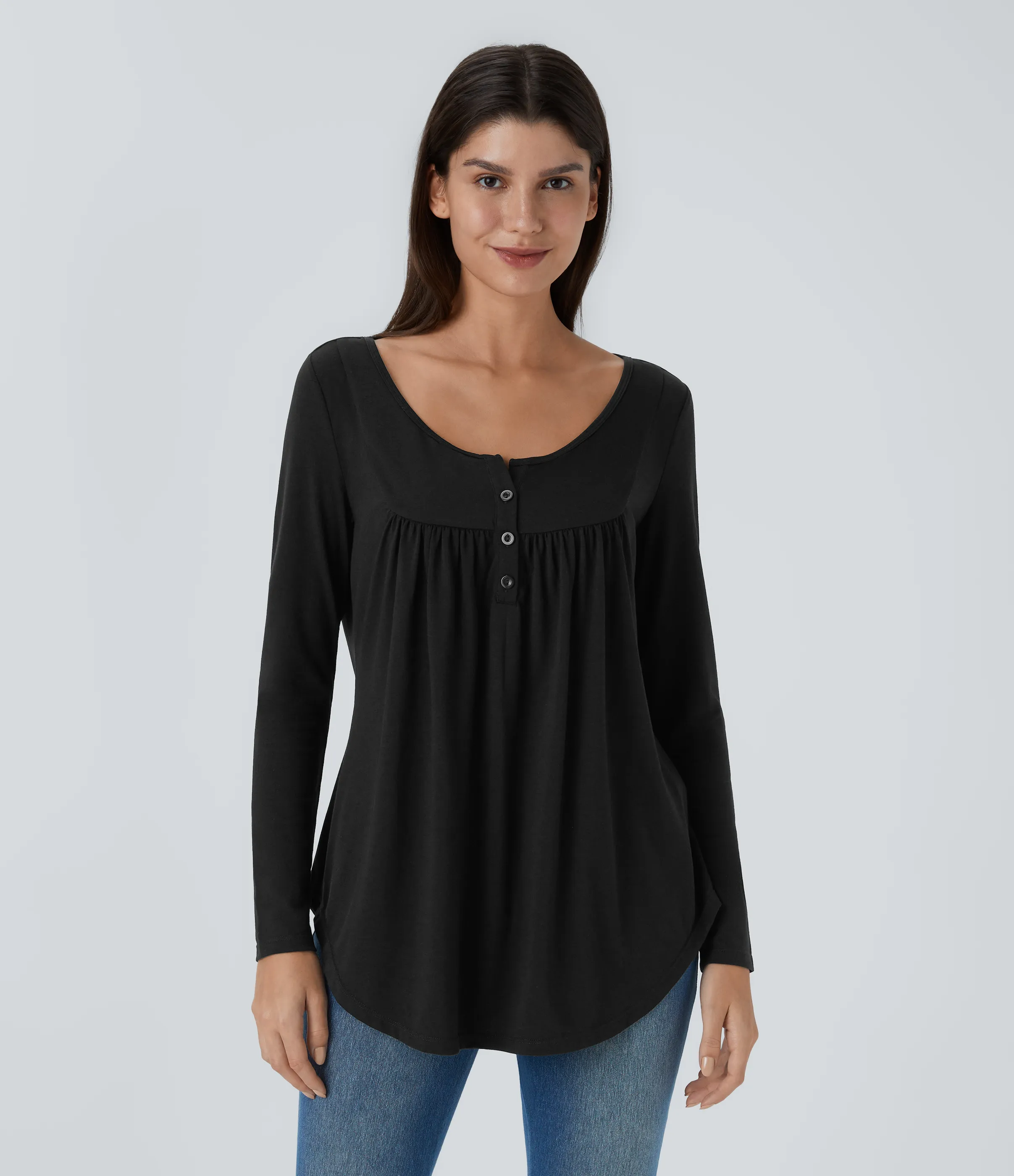 Halara Blusa cuello redondo botón manga larga plisada dobladillo curvo - Black - XL sold by Halara