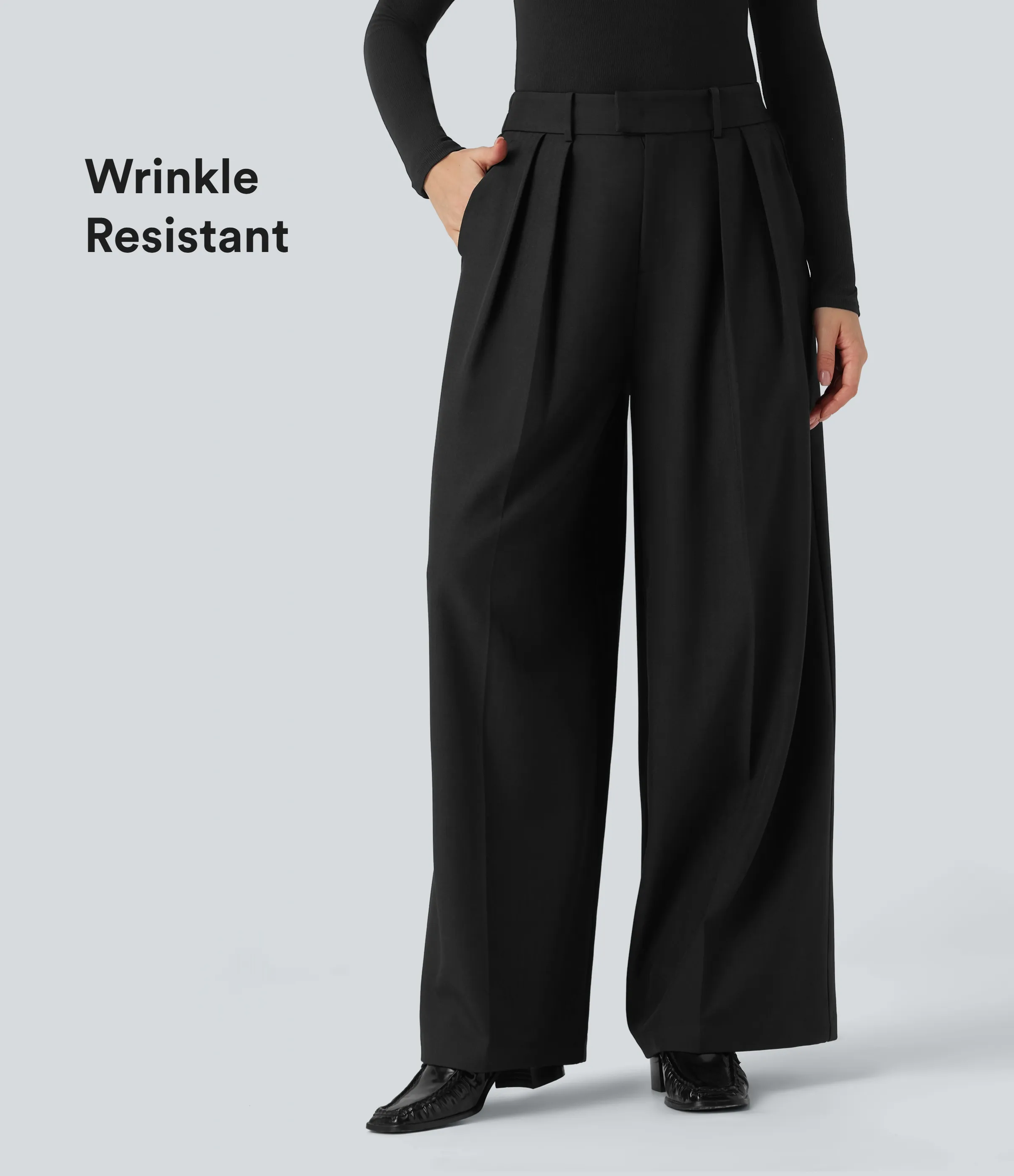 Halara Pantalones de oficina anchos antiarrugas de lino con tiro alto y bolsillos - Black - M(regular) sold by Halara