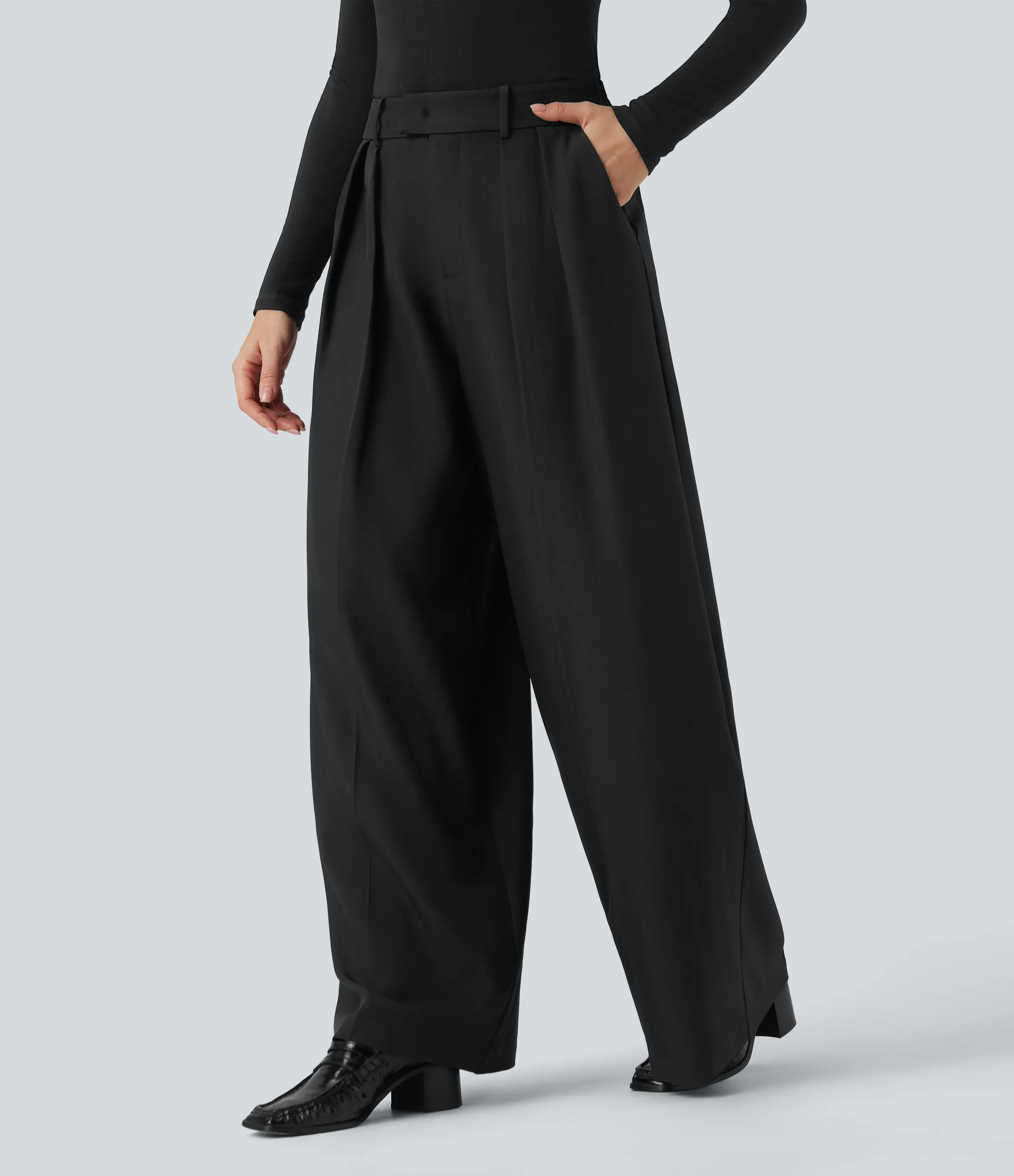 Halara Pantalones de oficina anchos antiarrugas de lino con tiro alto y bolsillos - Black - M(regular) sold by Halara product image thumbnail 4