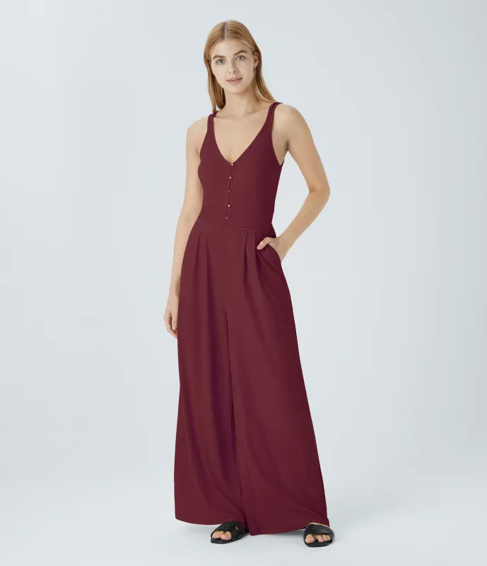 Halara Mono pierna ancha bolsillo lateral botón cuello V tirante doble - New Maroon - S sold by Halara