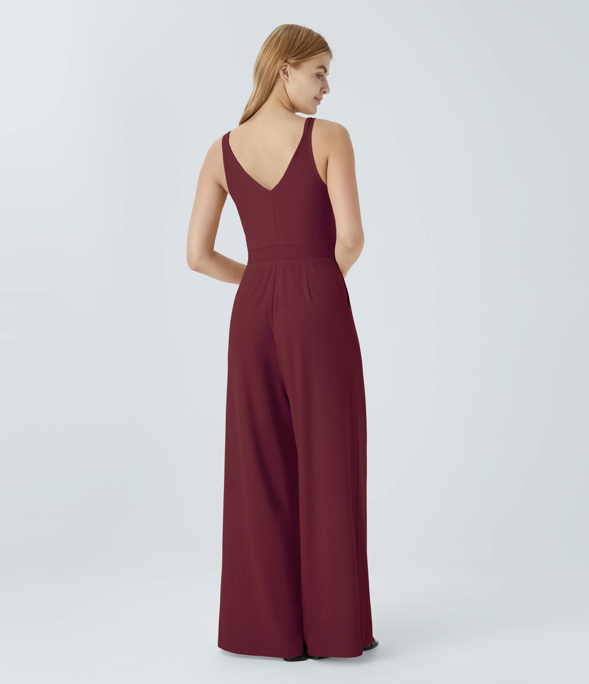 Halara Mono pierna ancha bolsillo lateral botón cuello V tirante doble - New Maroon - S sold by Halara product image thumbnail 3