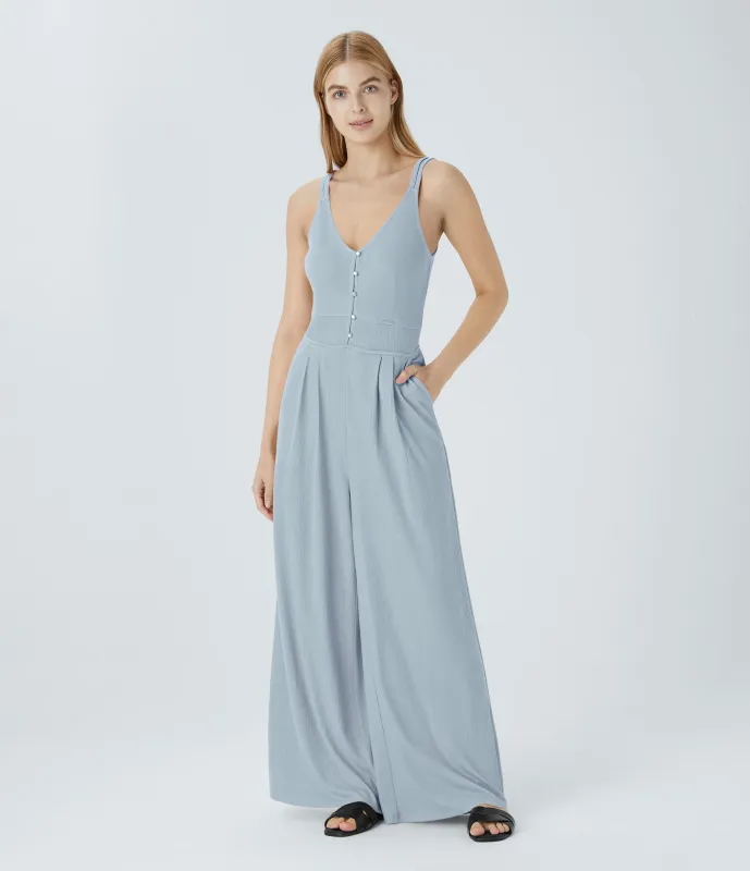 Halara Mono pierna ancha bolsillo lateral botón cuello V tirante doble - Misty Rain Grey - M sold by Halara