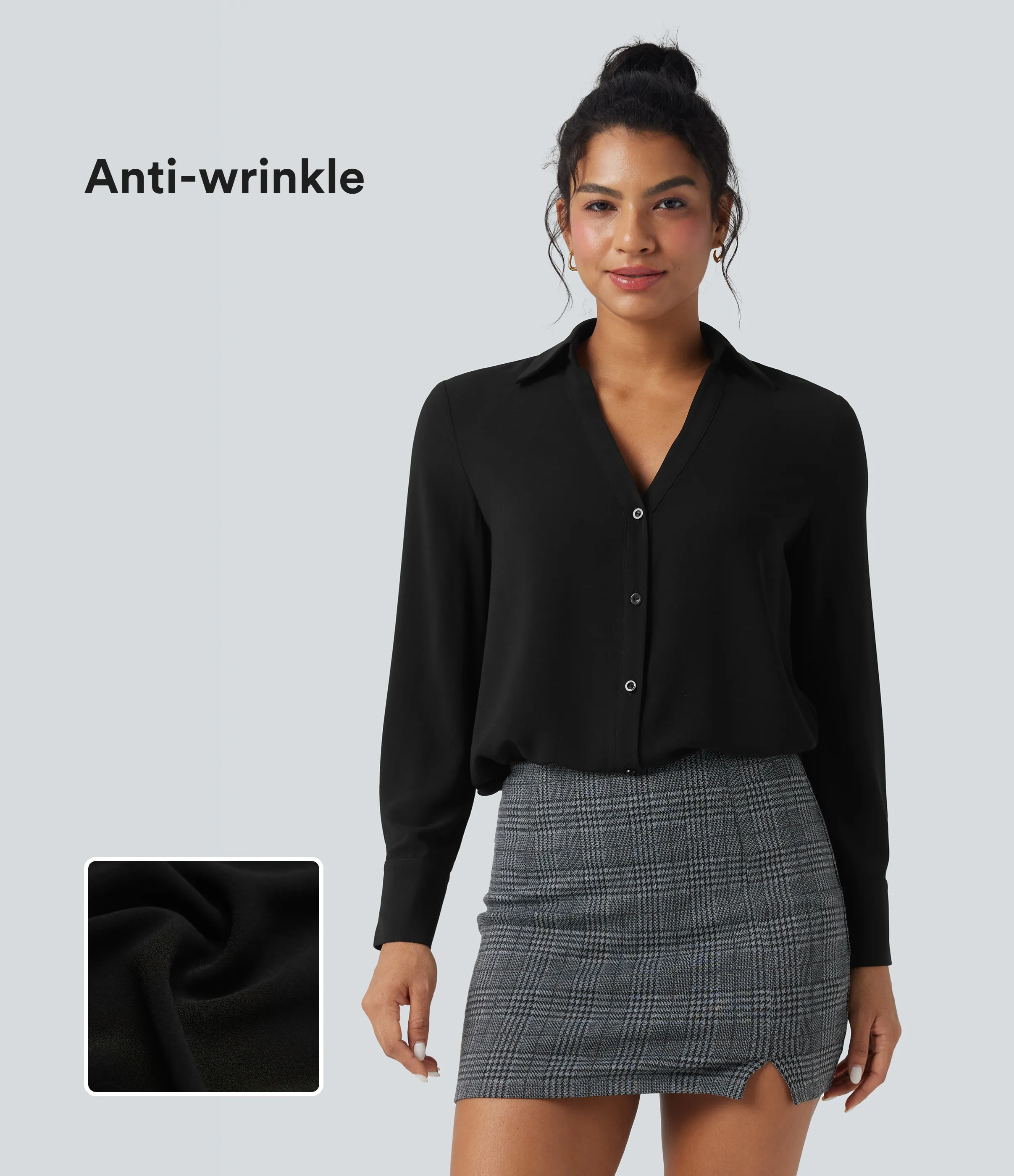 Halara Camisa de oficina de gasa de manga larga con cuello en V antiarrugas - Black - XL sold by Halara