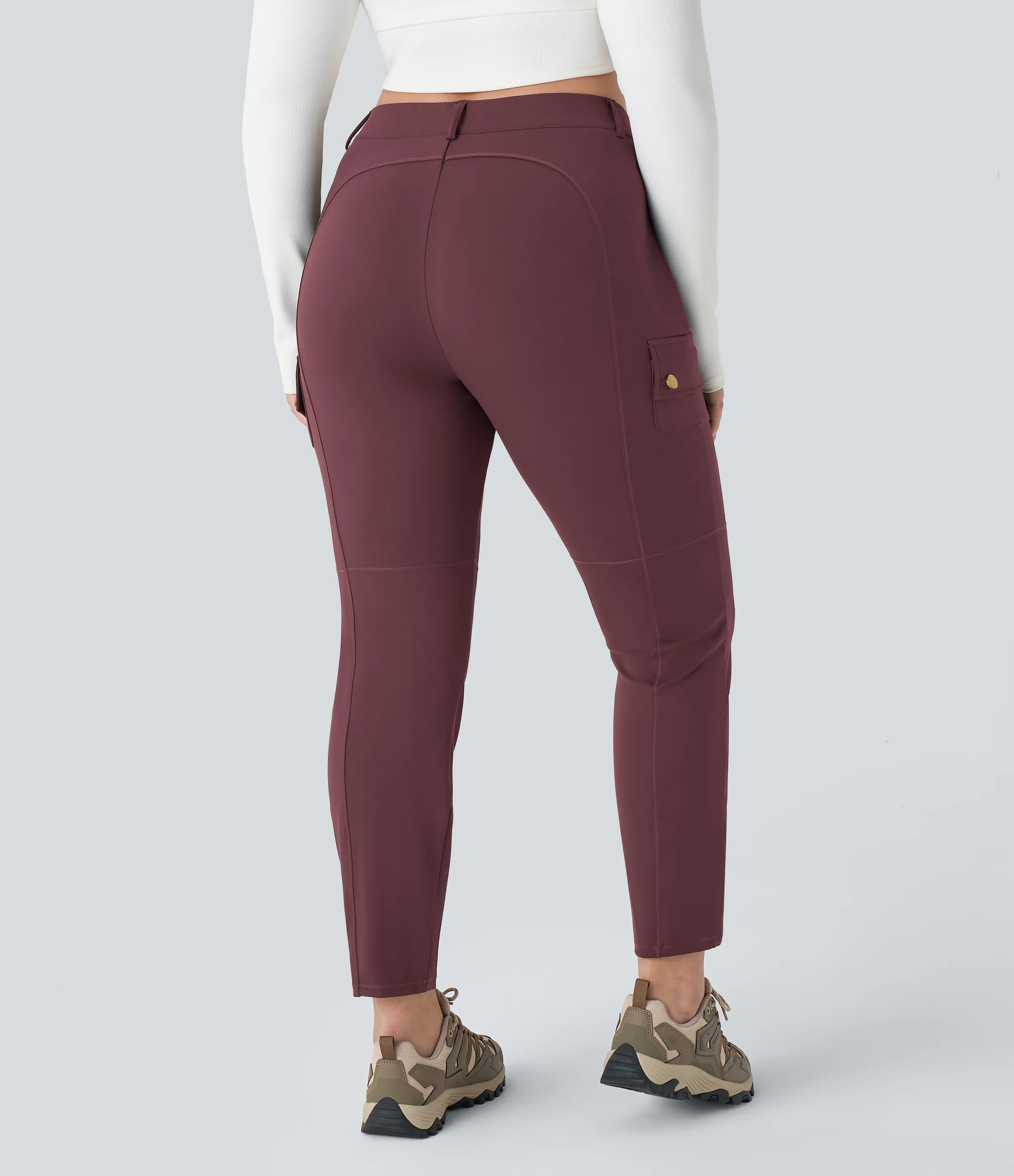 Halara Pantalón cargo tiro alto botón cremallera múltiple bolsillo liso delgado senderismo talla grande - Red Mahogany - 2X(regular) sold by Halara product image thumbnail 3