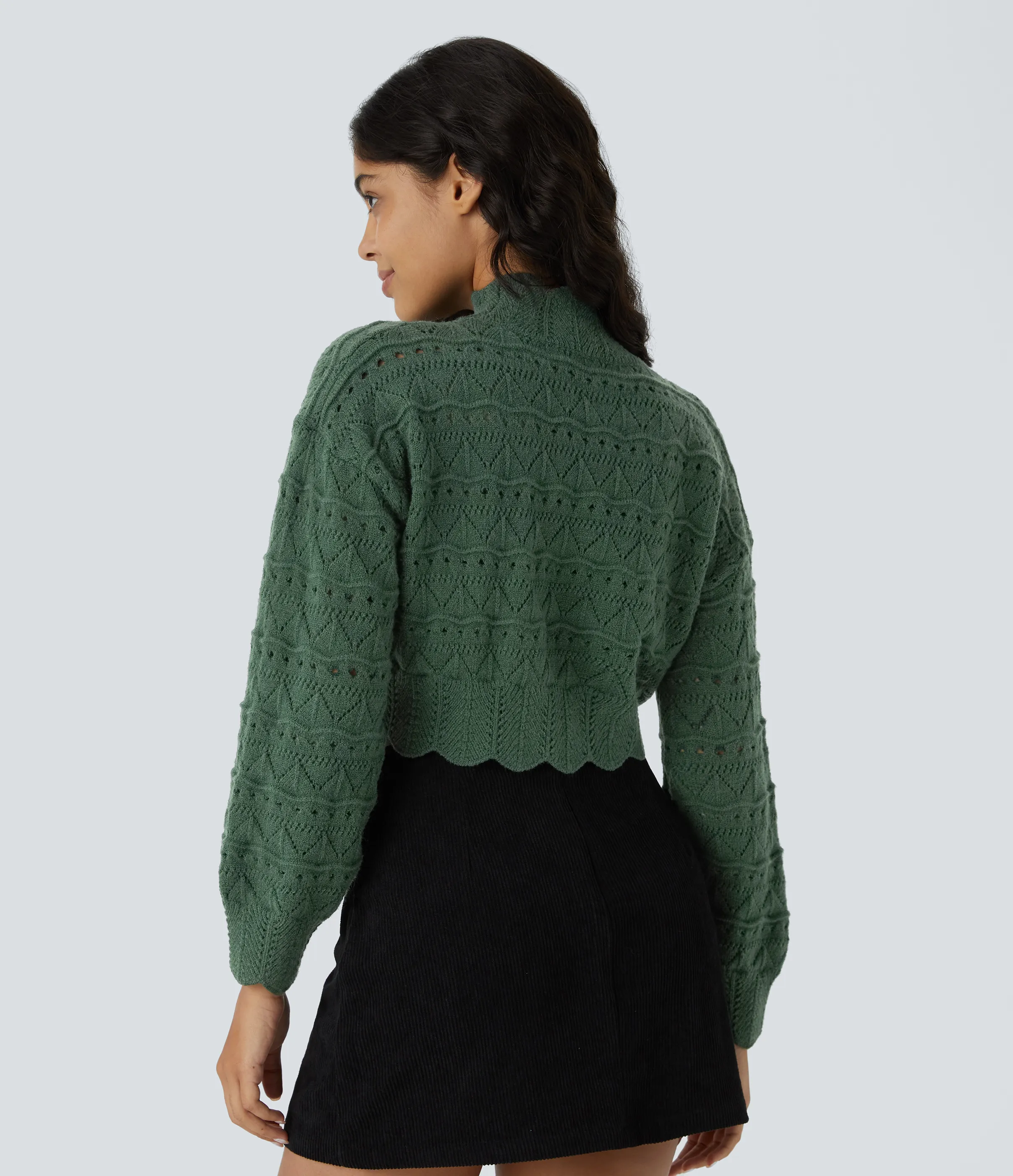 Halara Suéter abierto dobladillo festoneado manga obispo cuello alto - Cilantro - XS sold by Halara product image thumbnail 3