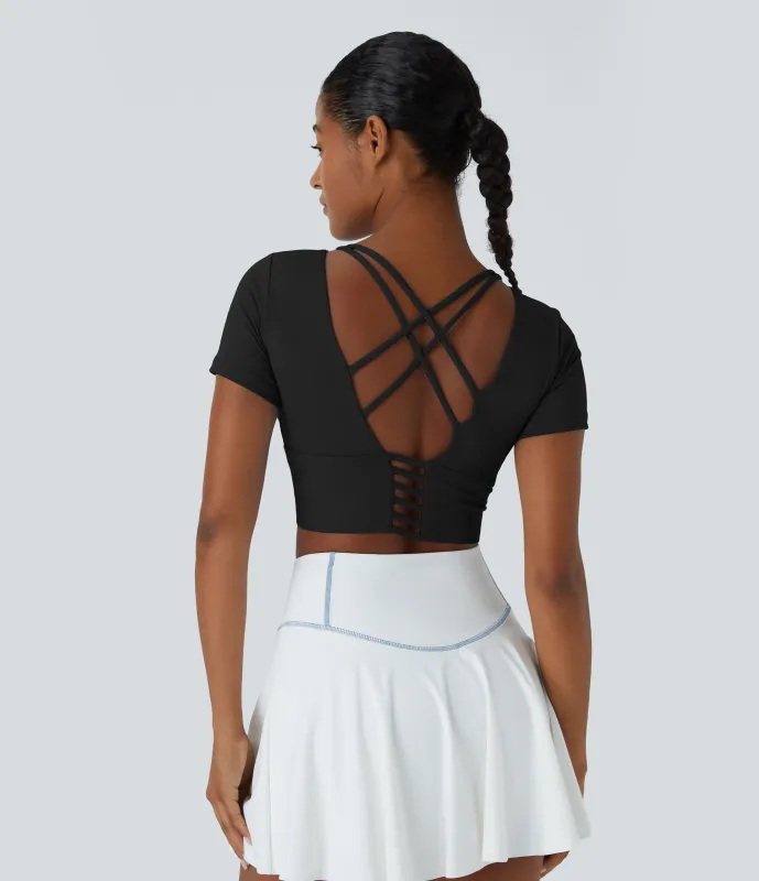 Halara Top deportivo cruzado sin espalda manga corta cuello redondo - Black - XL sold by Halara