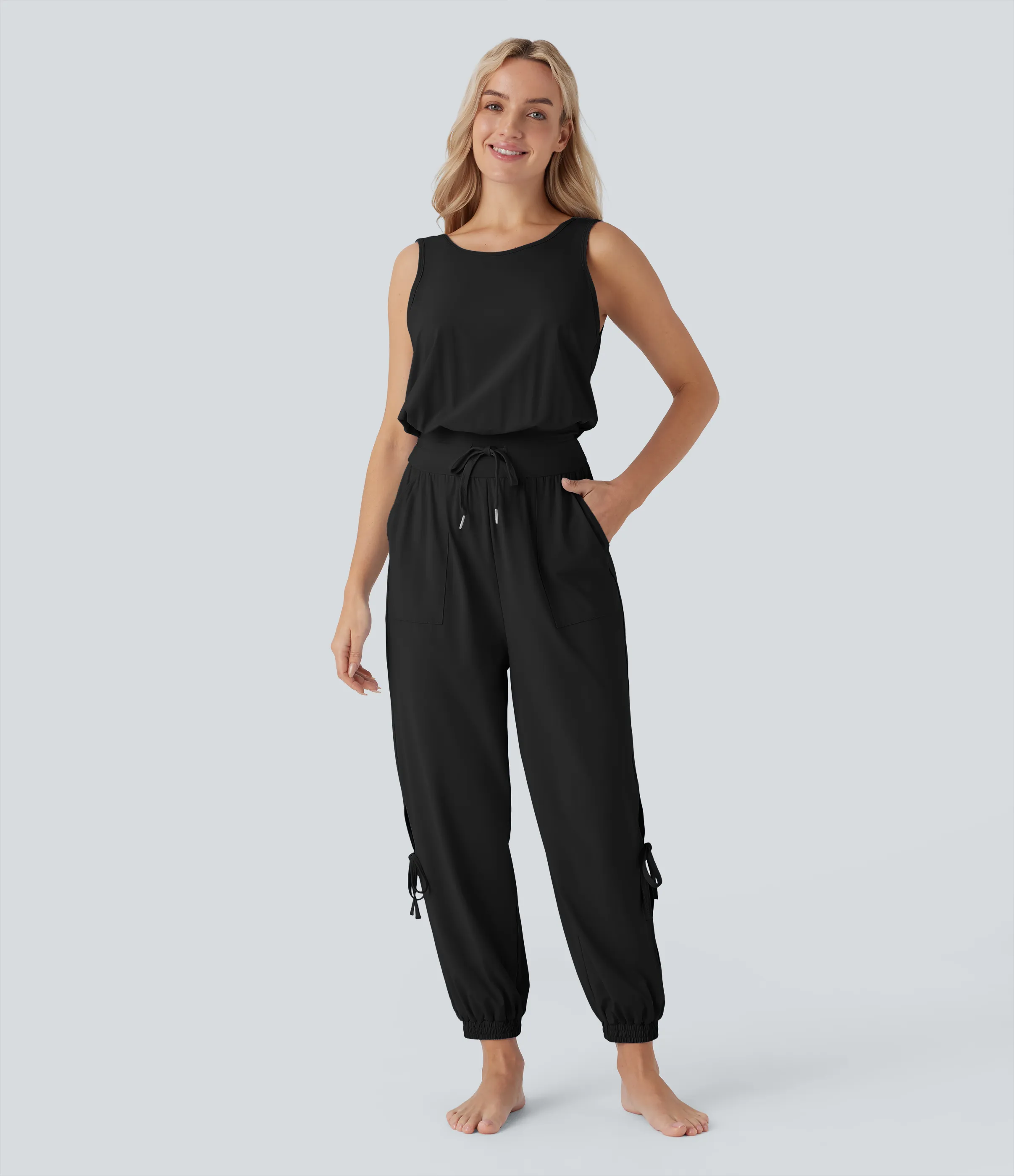Halara Jumpsuit de yoga sin mangas con espalda descubierta, cordón ajustable y bolsillos laterales de tacto fresco - UPF50+ - Black - XS(regular) sold by Halara product image thumbnail 3
