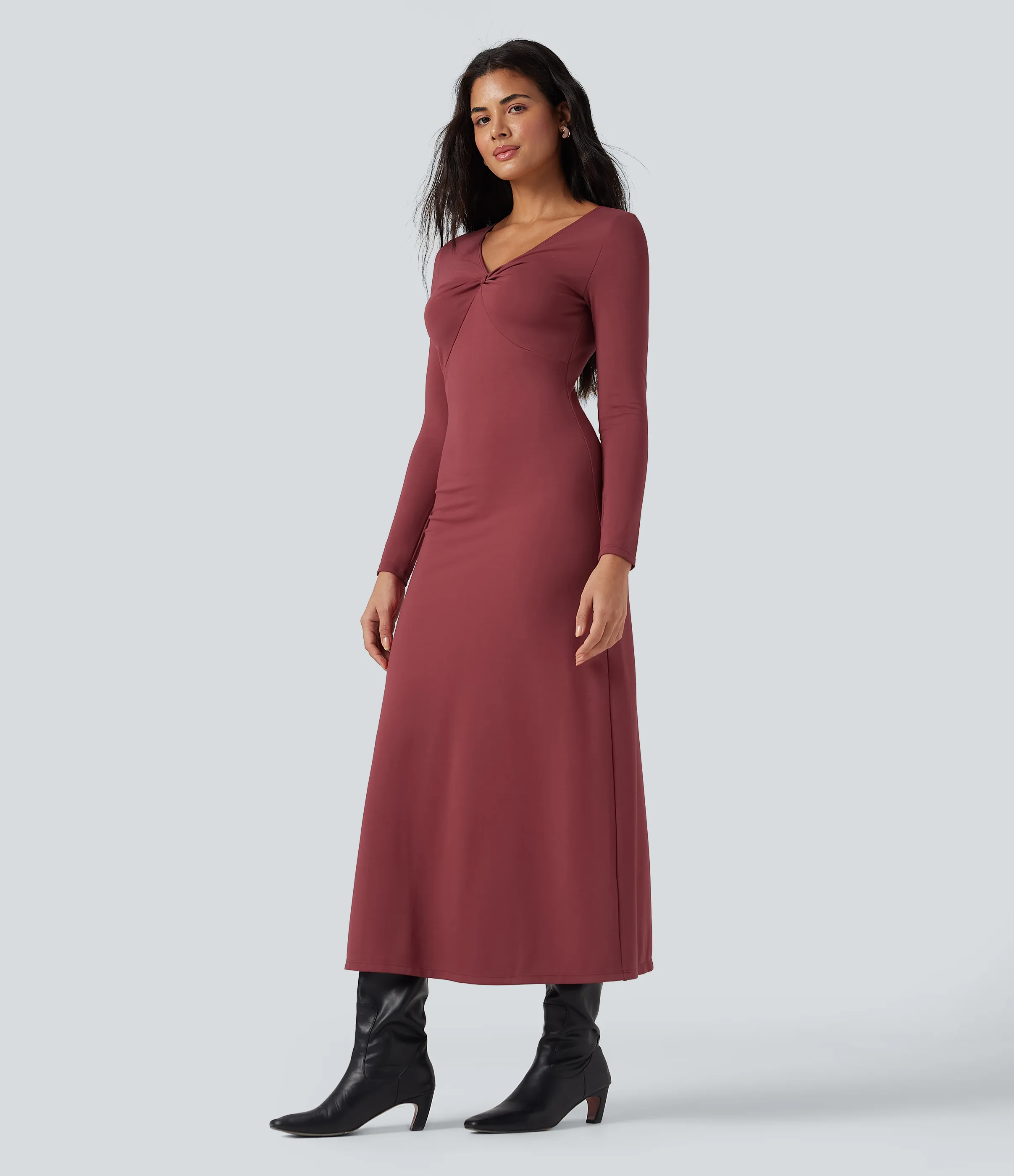 Halara Vestido maxi casual de manga larga con cuello en V - Burnt Russet - XS sold by Halara product image thumbnail 4