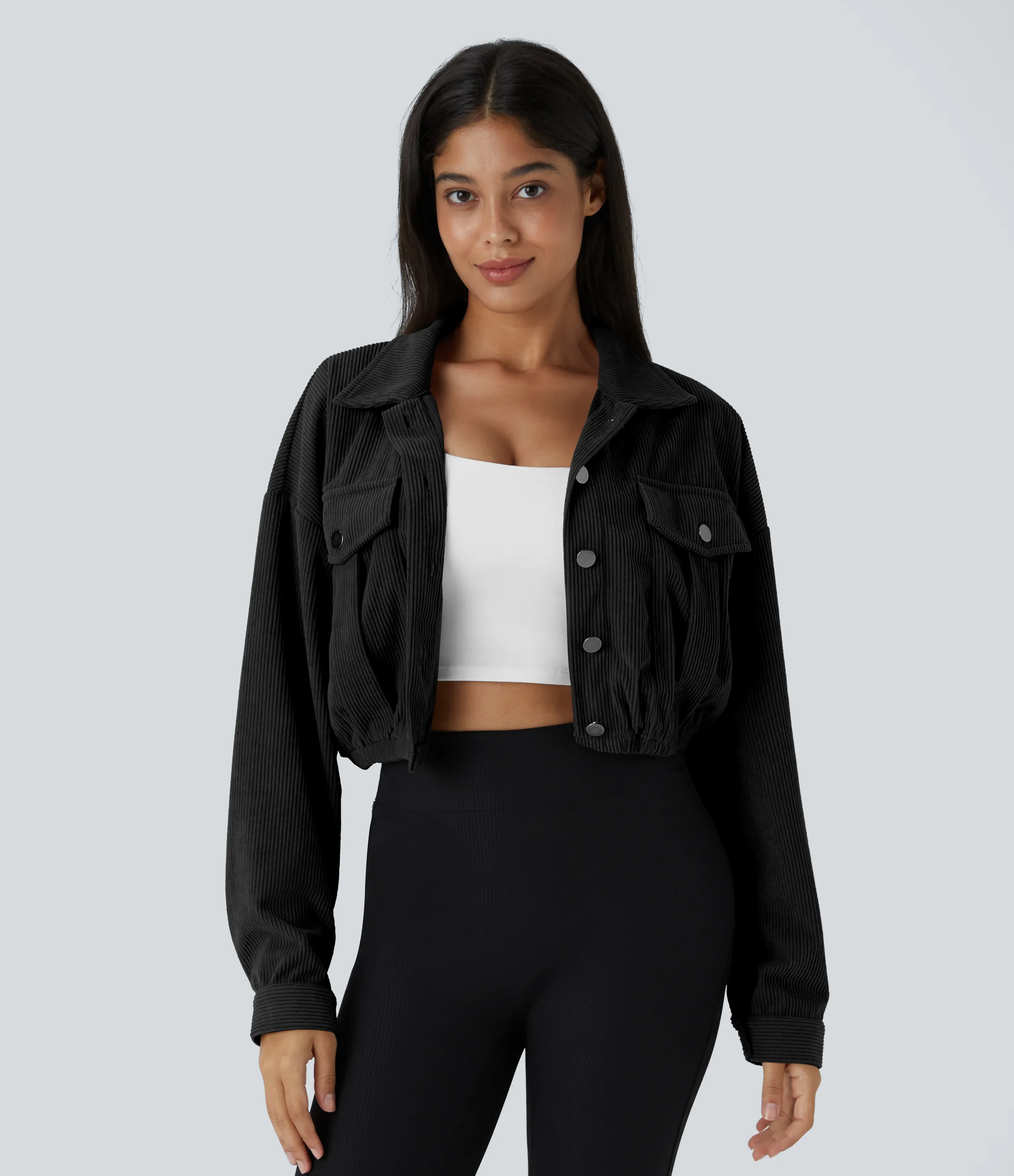 Halara Chaqueta casual de pana recortada con bolsillo con botones y cuello - Black - L sold by Halara product image thumbnail 4