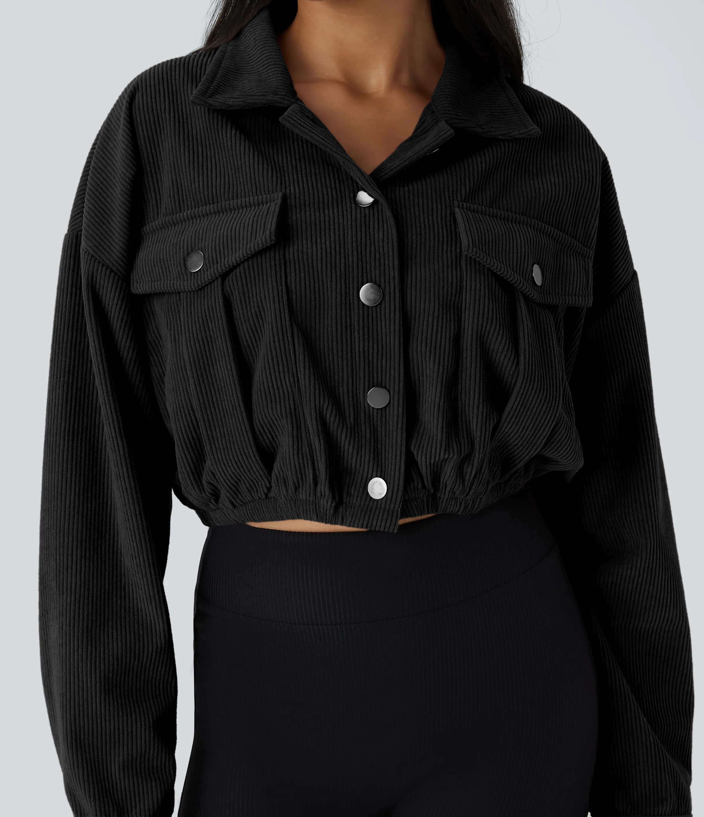 Halara Chaqueta casual de pana recortada con bolsillo con botones y cuello - Black - L sold by Halara product image thumbnail 5