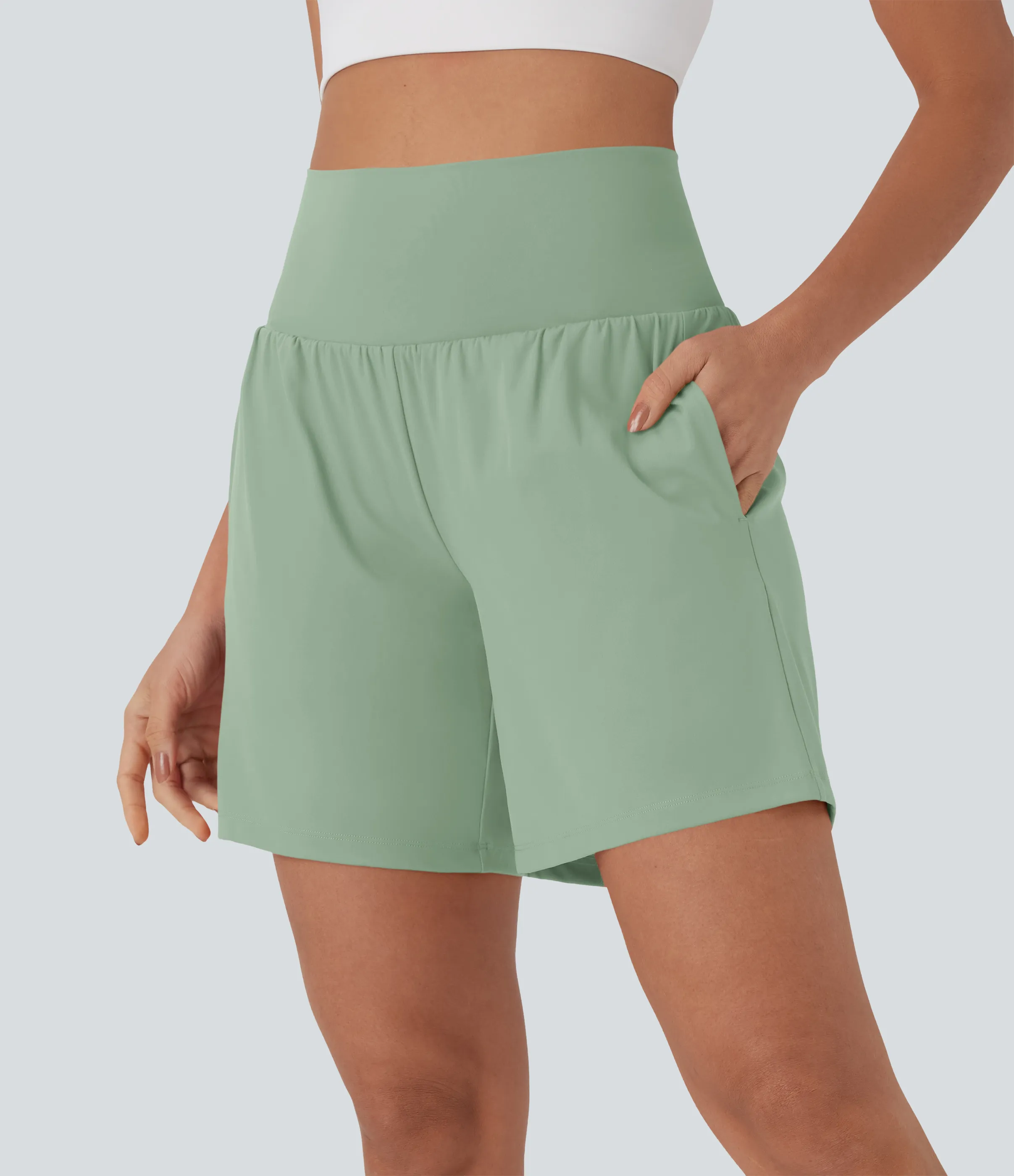 Halara Pantalones cortos de yoga Softlyzero™ Airy 2 en 1 de 17.5cm de tiro alto con tacto fresco y bolsillos - Light Bean Green - L sold by Halara product image thumbnail 2
