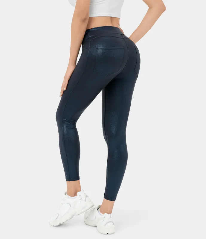 Halara Leggings oficina Softlyzero™ Faux Leather bolsillo lateral trasero tiro alto - Shiny Midnight Blue - L(full_length) sold by Halara