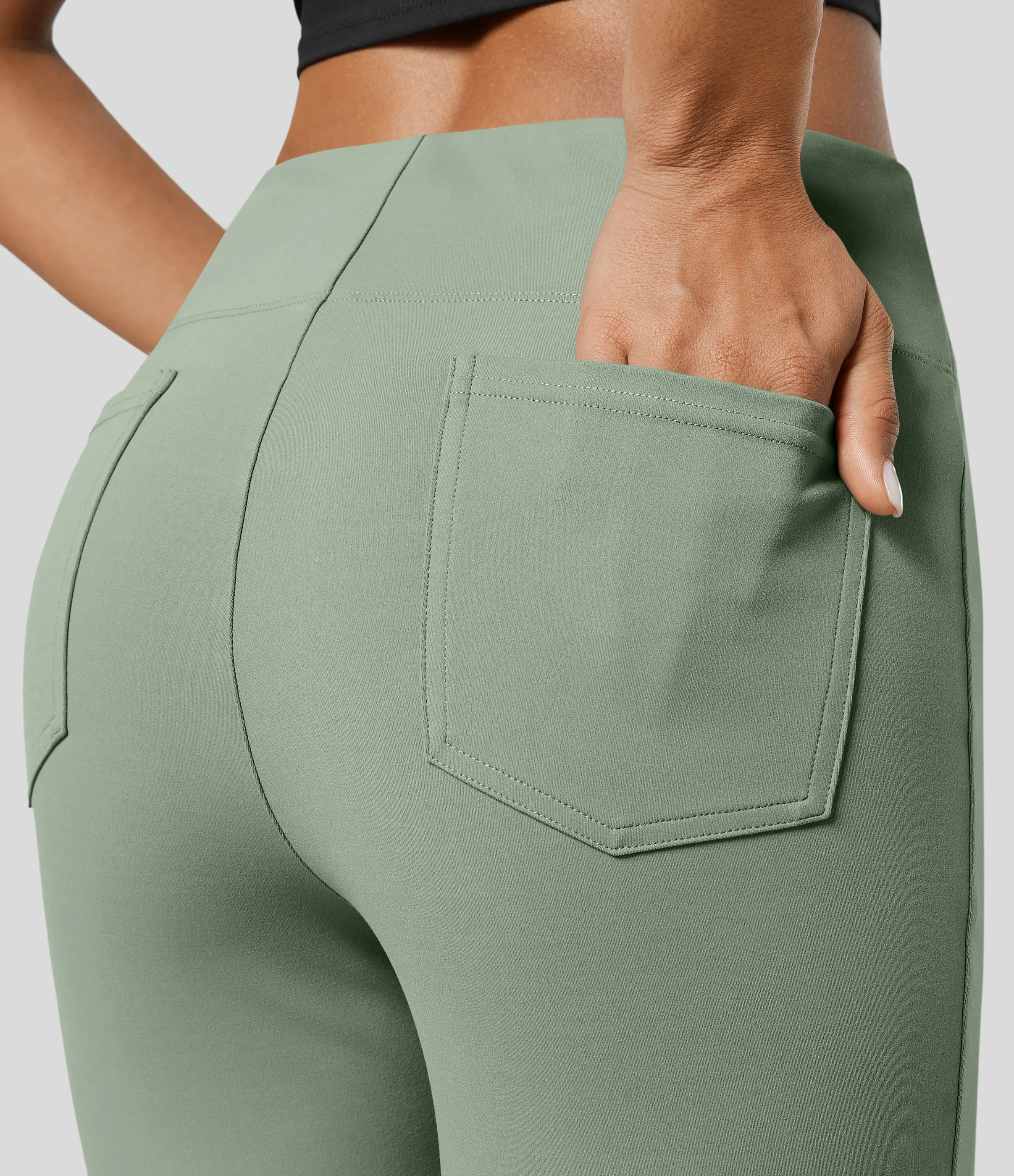 Halara Pantalón Halara Flex™ oficina tiro alto bolsillo trasero ligero acampanado - Asparagus - L(regular) sold by Halara product image thumbnail 5