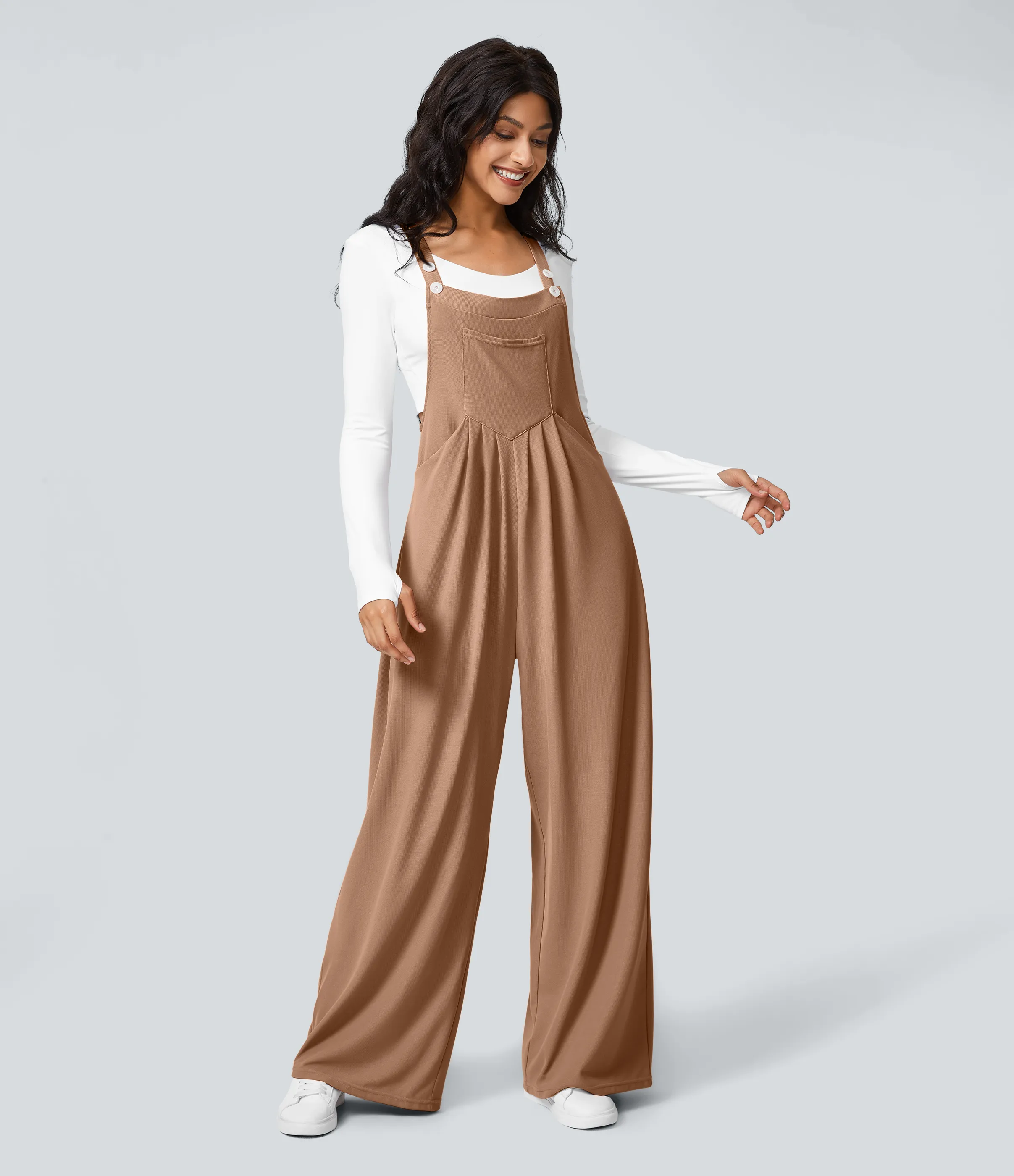 Halara Overol botón correa ajustable bolsillo múltiple gofre plisado - Macchiato - XL(regular) sold by Halara product image thumbnail 3