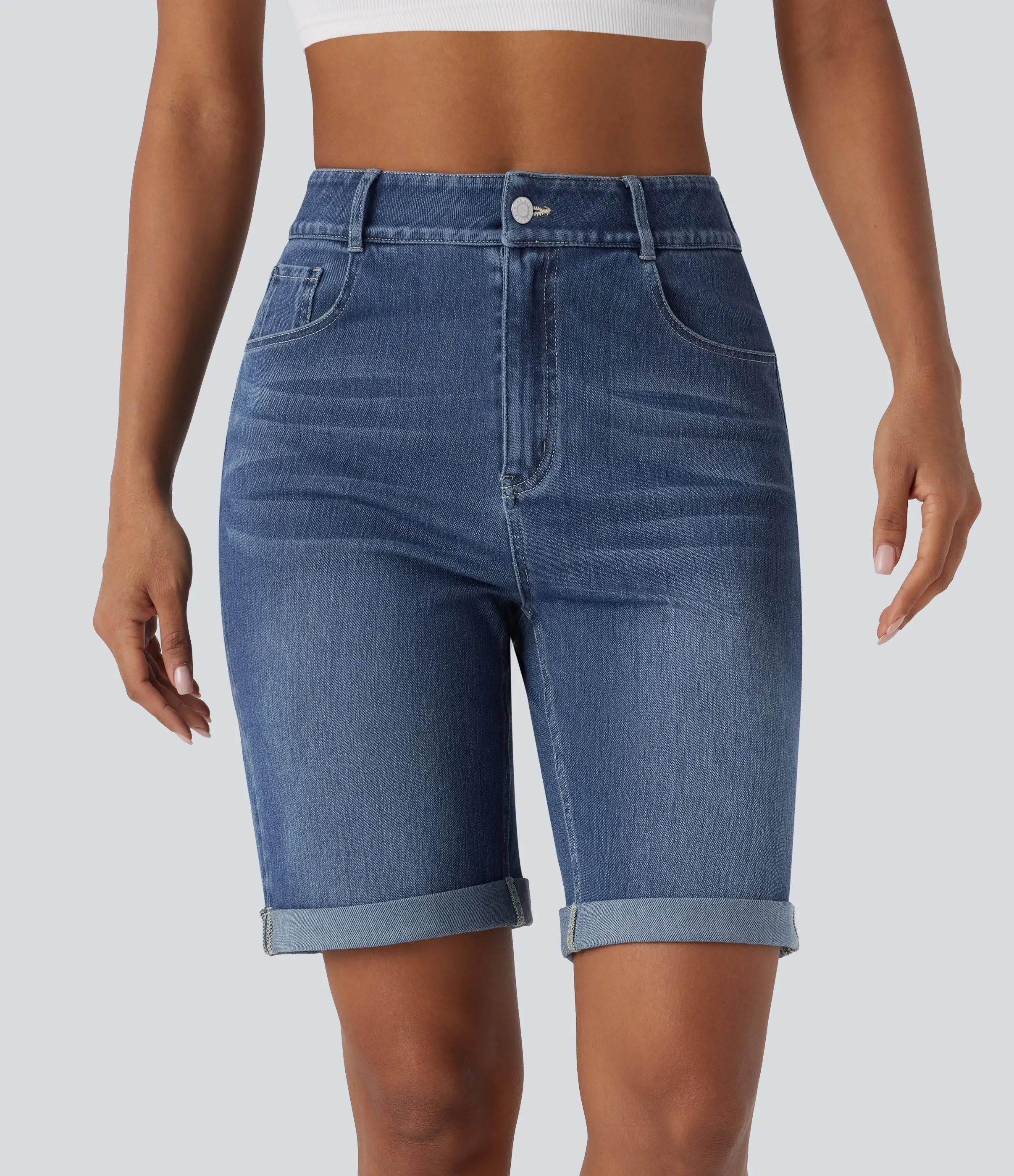 Halara Bermudas Halara Flex™ Denim mezclilla elástico lavado dobladillo enrollado múltiple bolsillo tiro alto - Paint Blue Denim - M(regular) sold by Halara product image thumbnail 4