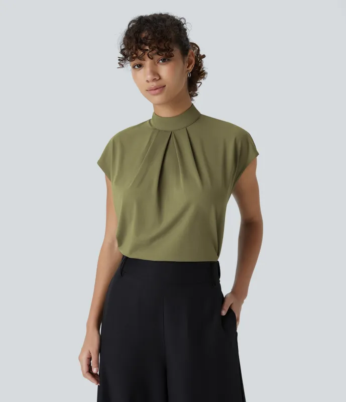 Halara Blusa oficina manga japonesa botón plisado cuello alto - Capulet Olive - S sold by Halara