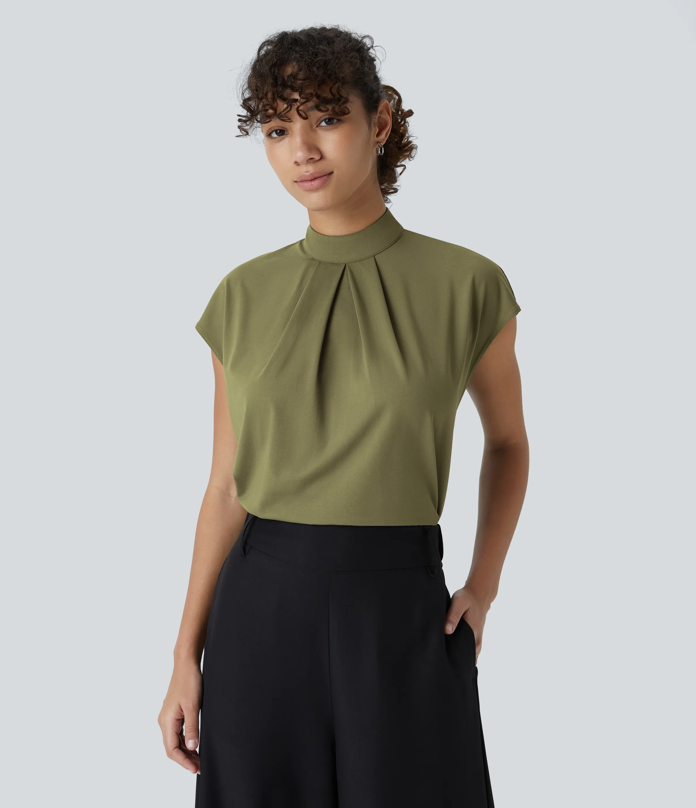 Halara Blusa oficina manga japonesa botón plisado cuello alto - Capulet Olive - S sold by Halara product image thumbnail 2