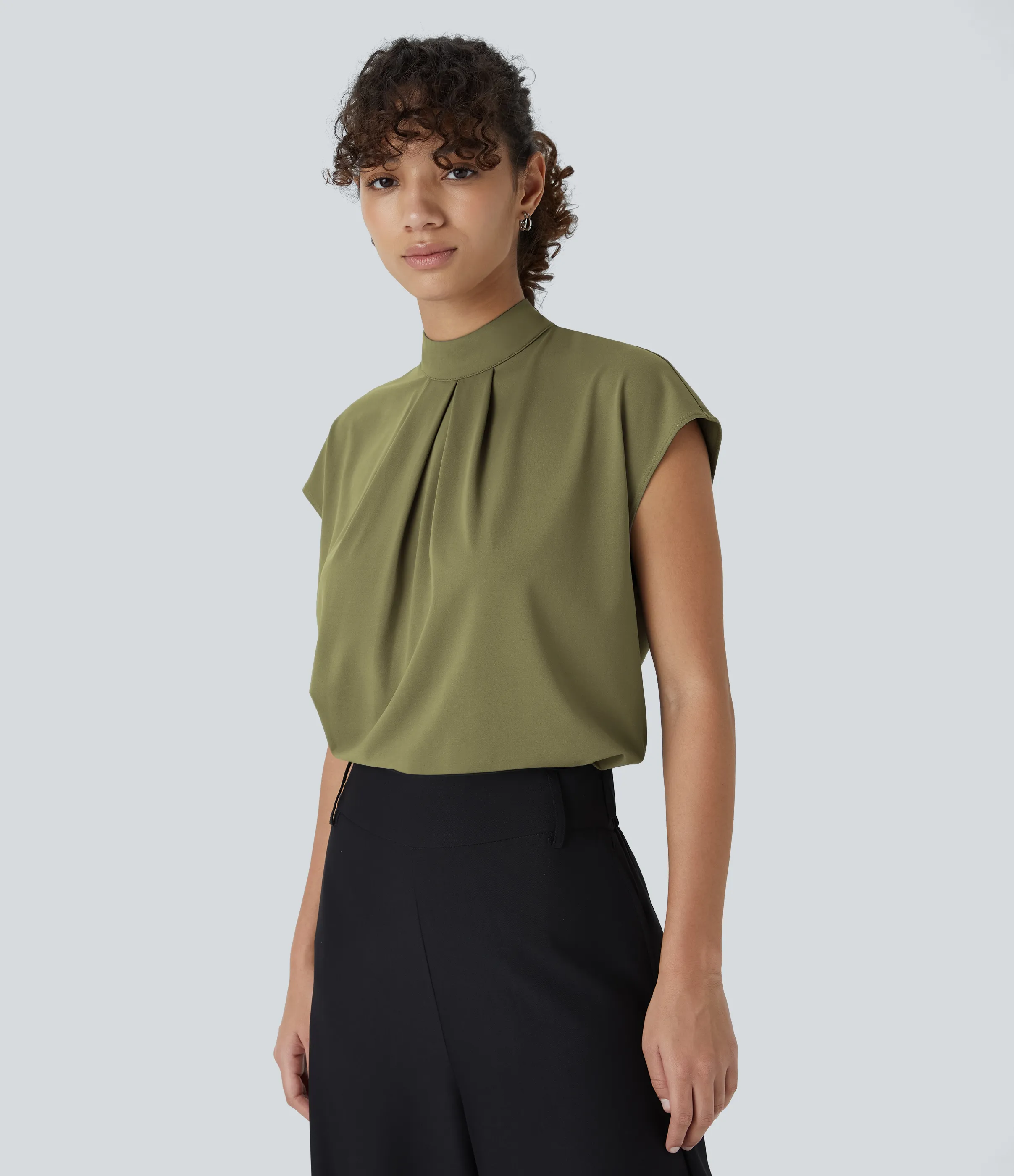 Halara Blusa oficina manga japonesa botón plisado cuello alto - Capulet Olive - S sold by Halara product image thumbnail 4