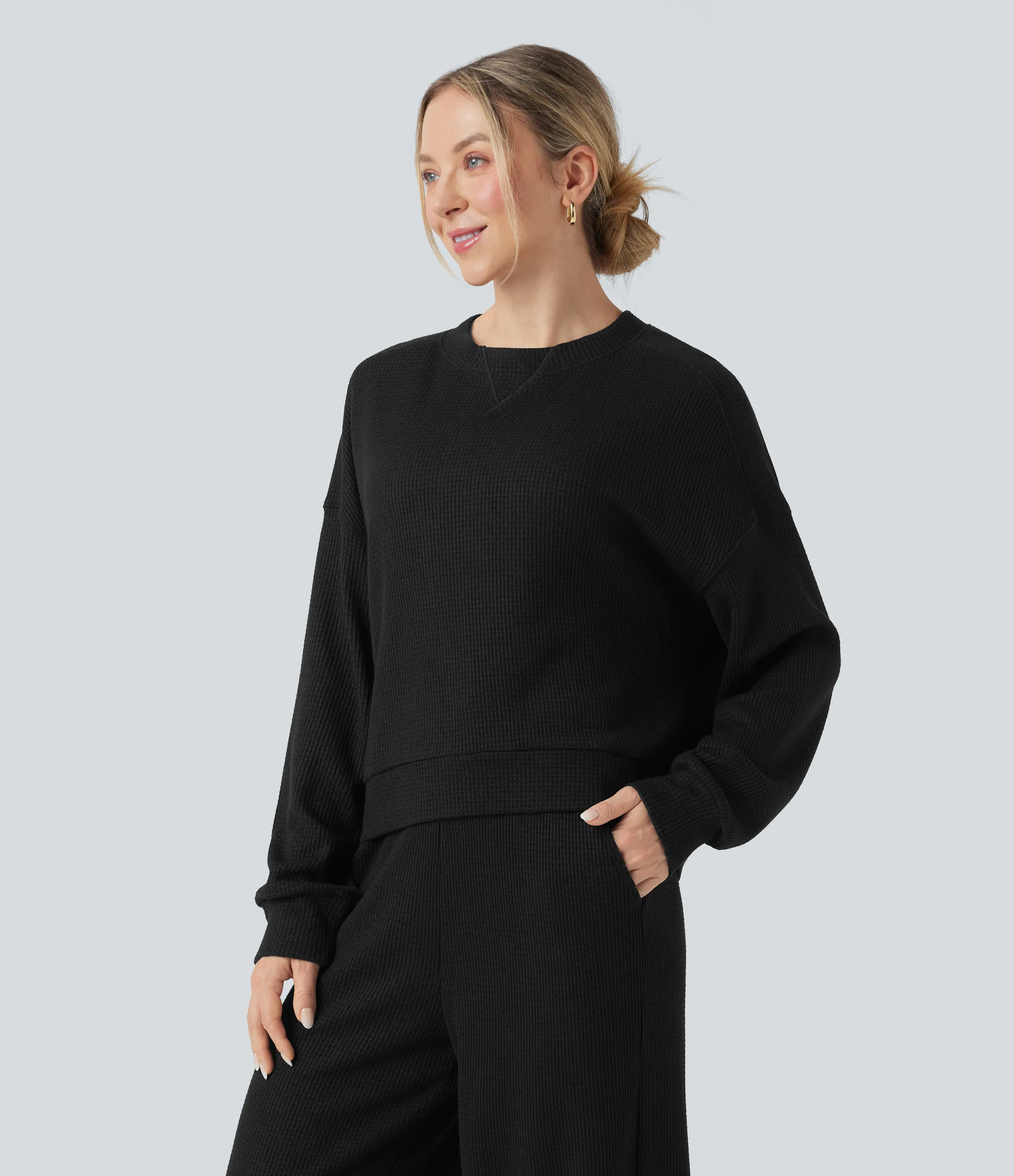 Halara Sudadera casualde cuello redondo y manga larga con tejido waffle - Black - XS sold by Halara product image thumbnail 4