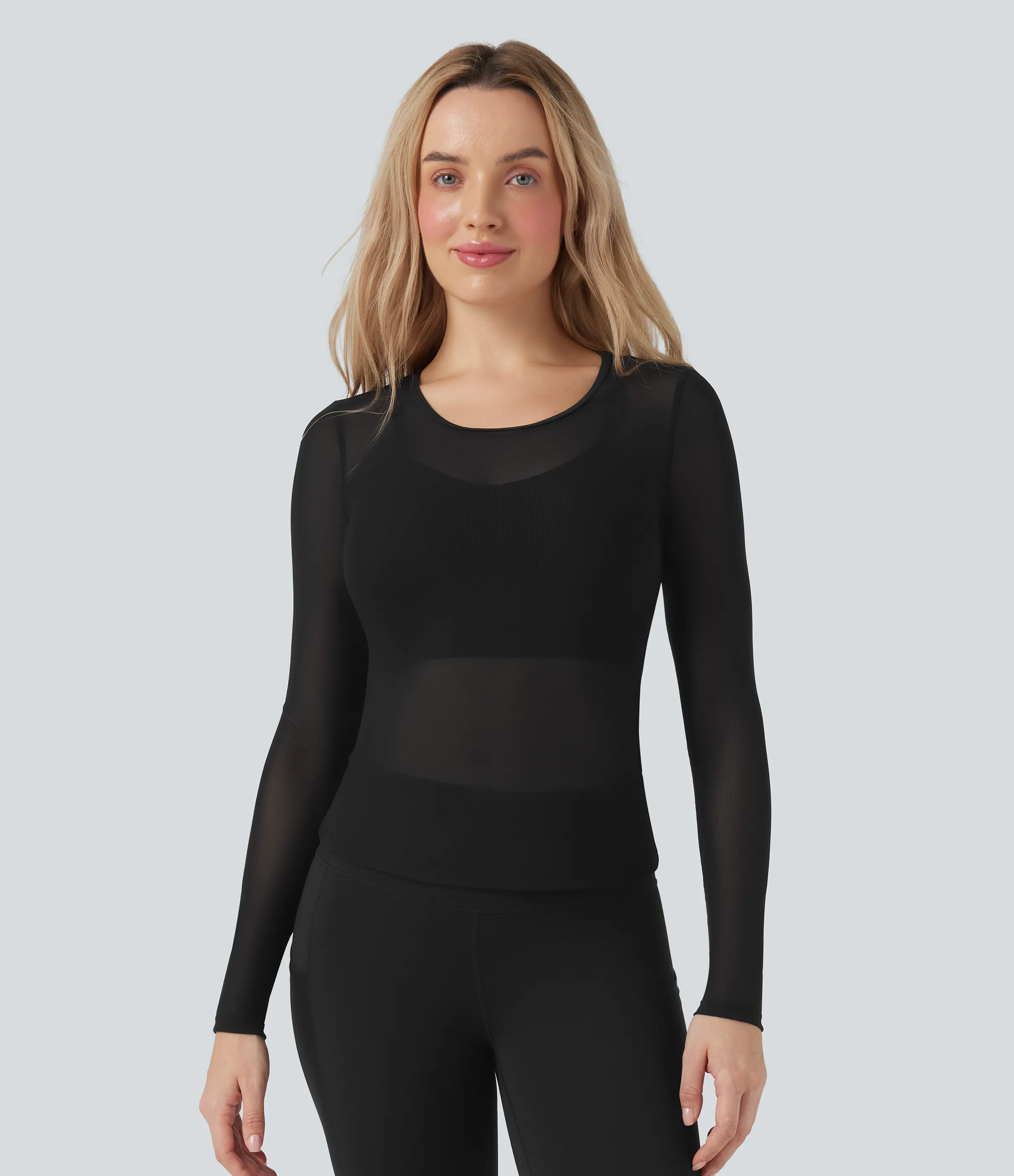 Halara Top deportivo de yoga 2 en 1 de malla en contraste, cuello redondo y manga larga - Black - S sold by Halara product image thumbnail 3