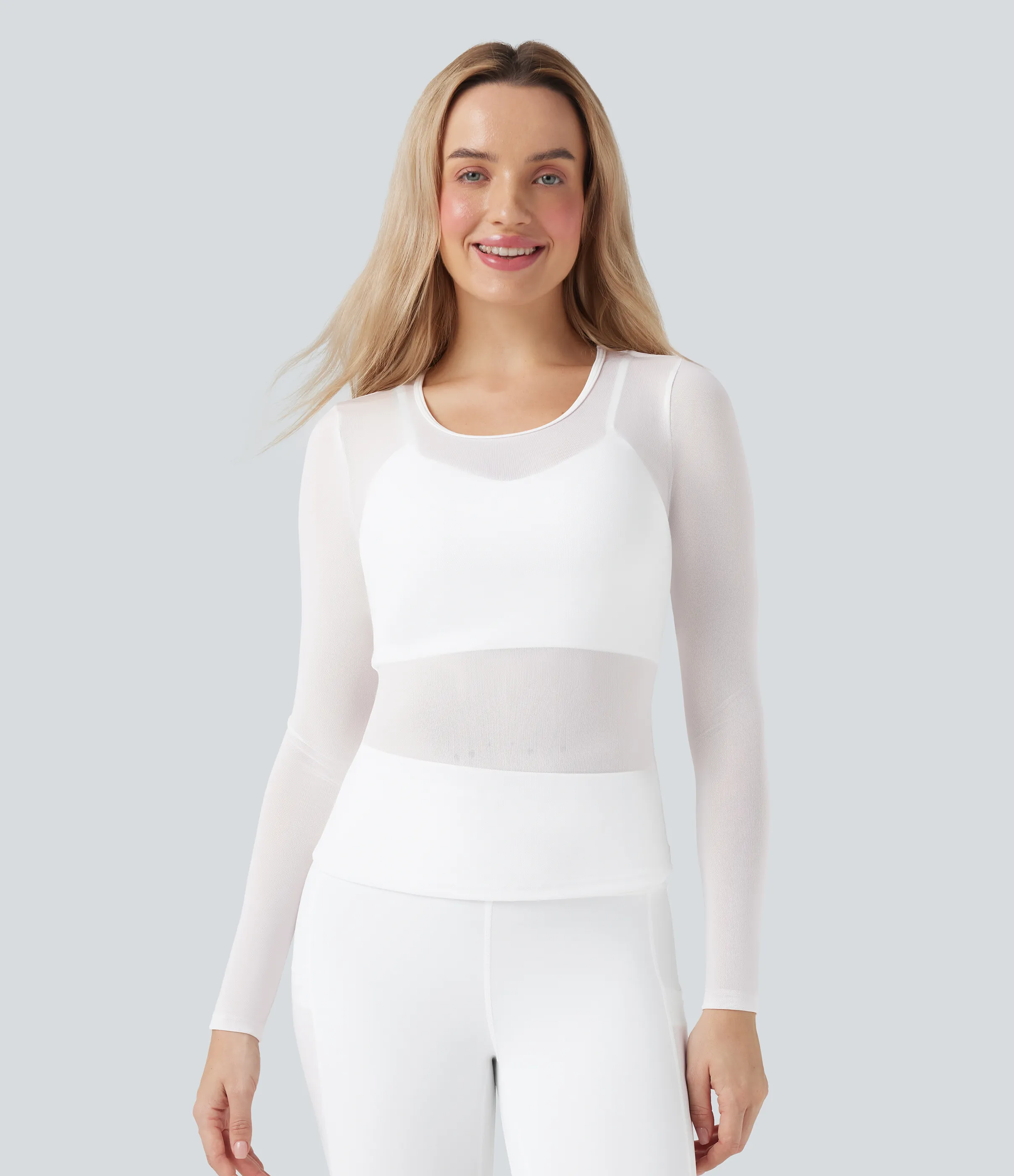 Halara Top deportivo de yoga 2 en 1 de malla en contraste, cuello redondo y manga larga - White - S sold by Halara product image thumbnail 3