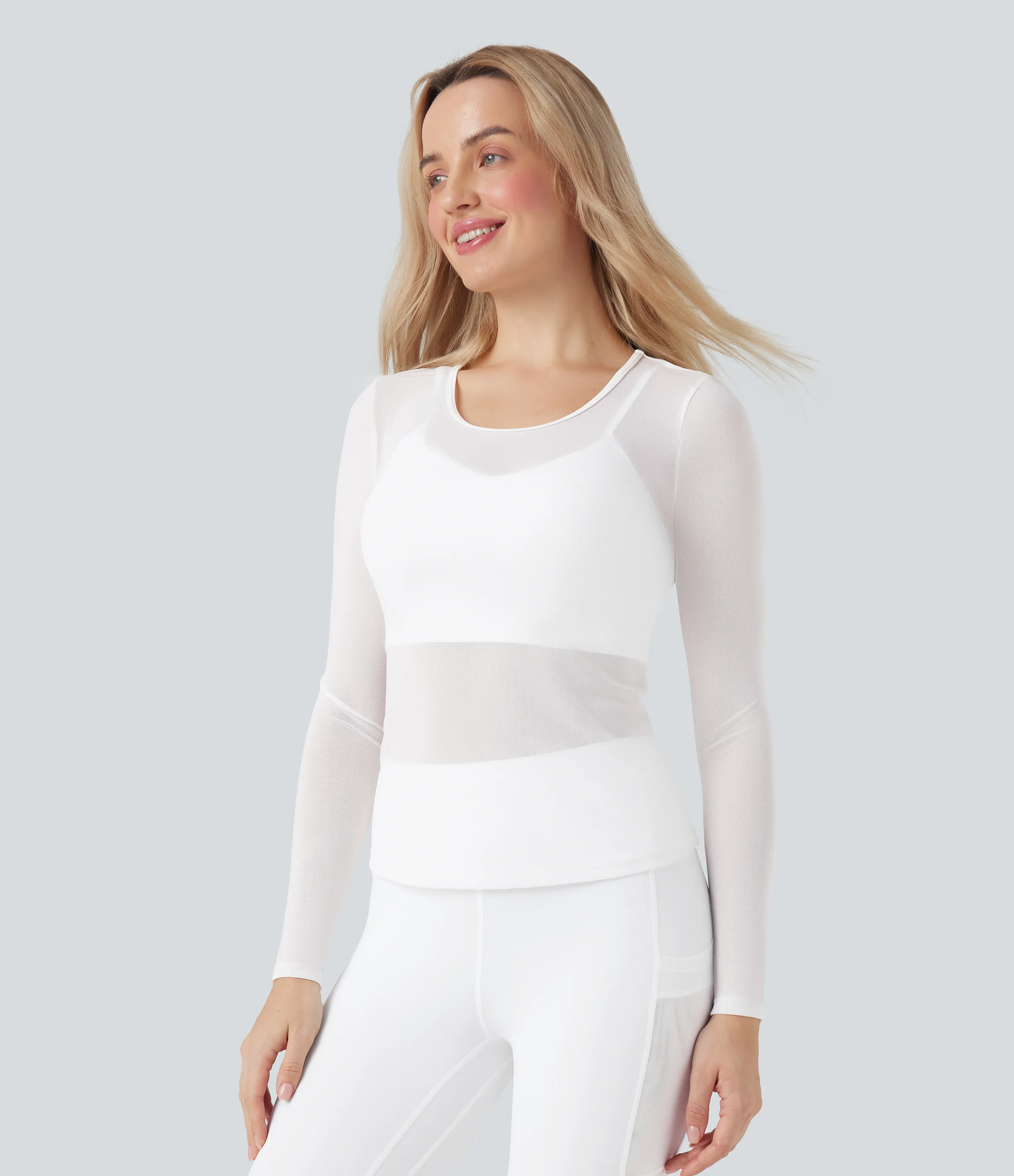 Halara Top deportivo de yoga 2 en 1 de malla en contraste, cuello redondo y manga larga - White - S sold by Halara product image thumbnail 4