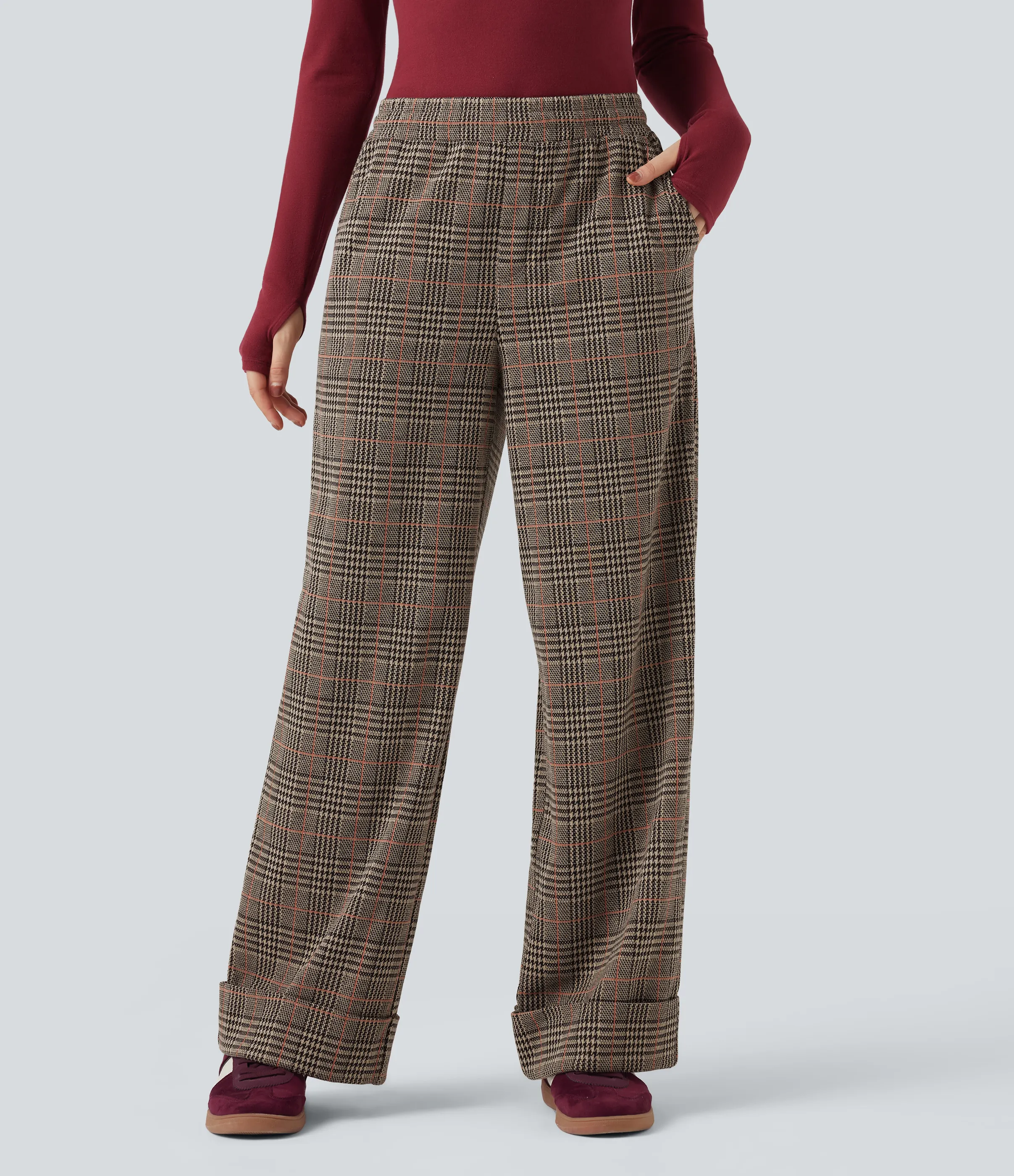 Halara Pantalones casuales anchos de pata de gallo con tiro medio, cordón ajustable y bolsillos - Desert Houndstooth Pattern - L(regular) sold by Halara