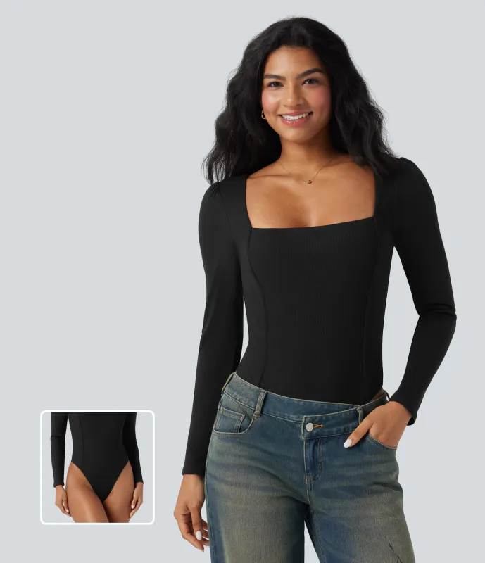 Halara Body casual ajustado acanalado de manga larga con cuello cuadrado - Black - XL sold by Halara