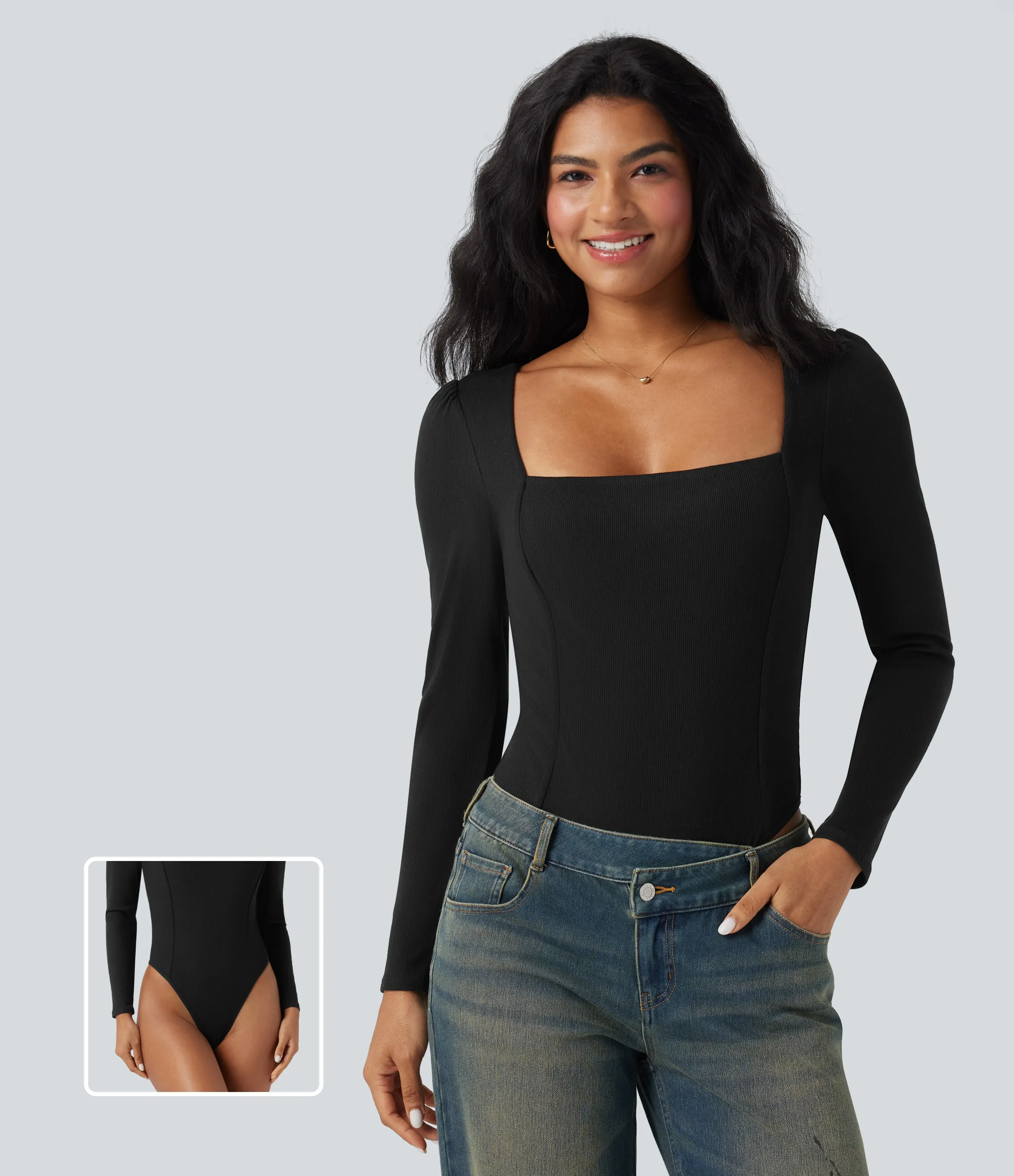 Halara Body casual ajustado acanalado de manga larga con cuello cuadrado - Black - XL sold by Halara