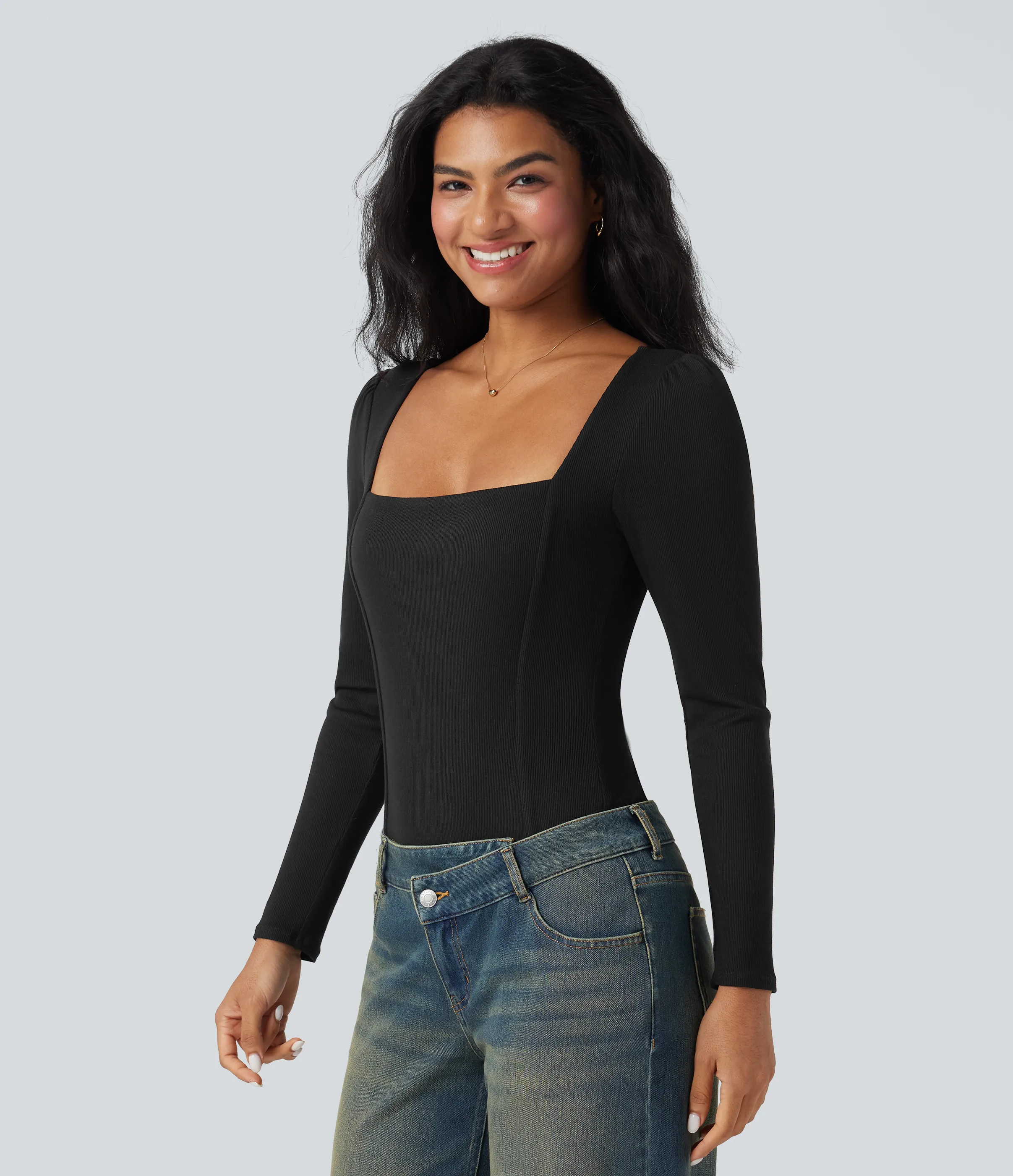 Halara Body casual ajustado acanalado de manga larga con cuello cuadrado - Black - XL sold by Halara product image thumbnail 4