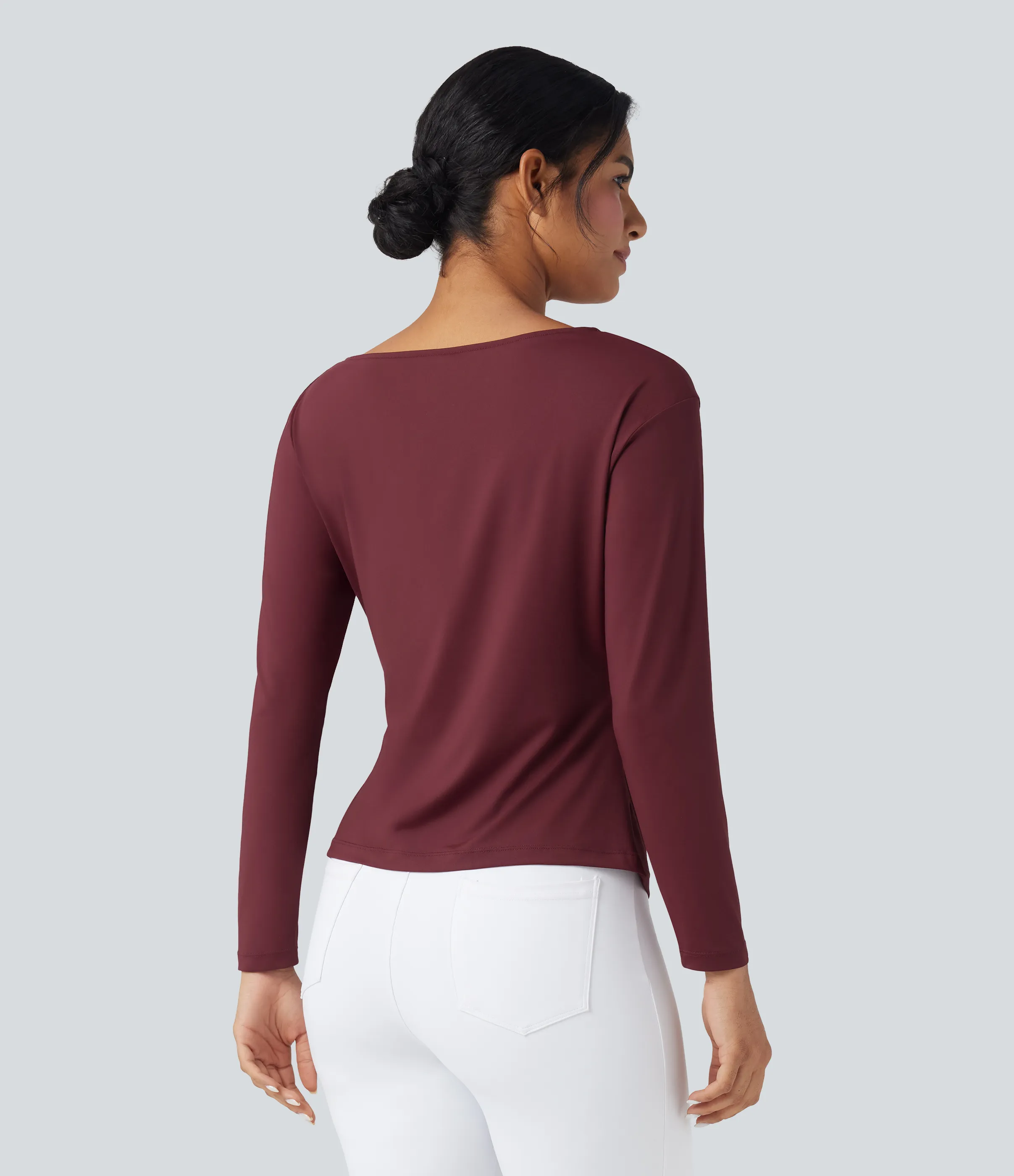 Halara Blusa de oficina ajustada de manga larga con cuello barco y dobladillo asimétrico fruncido - Chocolate Truffle - L sold by Halara product image thumbnail 3