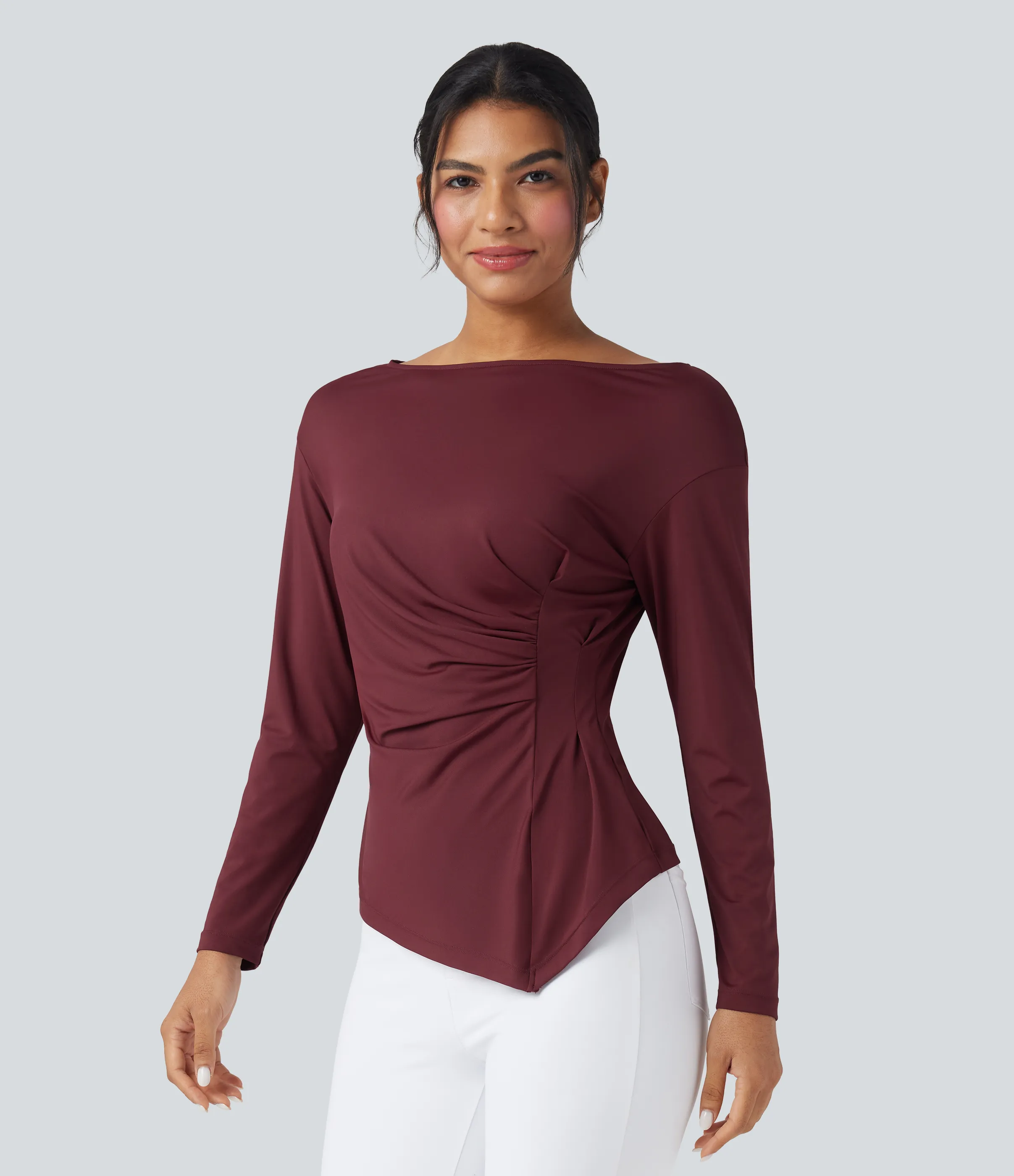 Halara Blusa de oficina ajustada de manga larga con cuello barco y dobladillo asimétrico fruncido - Chocolate Truffle - L sold by Halara product image thumbnail 4