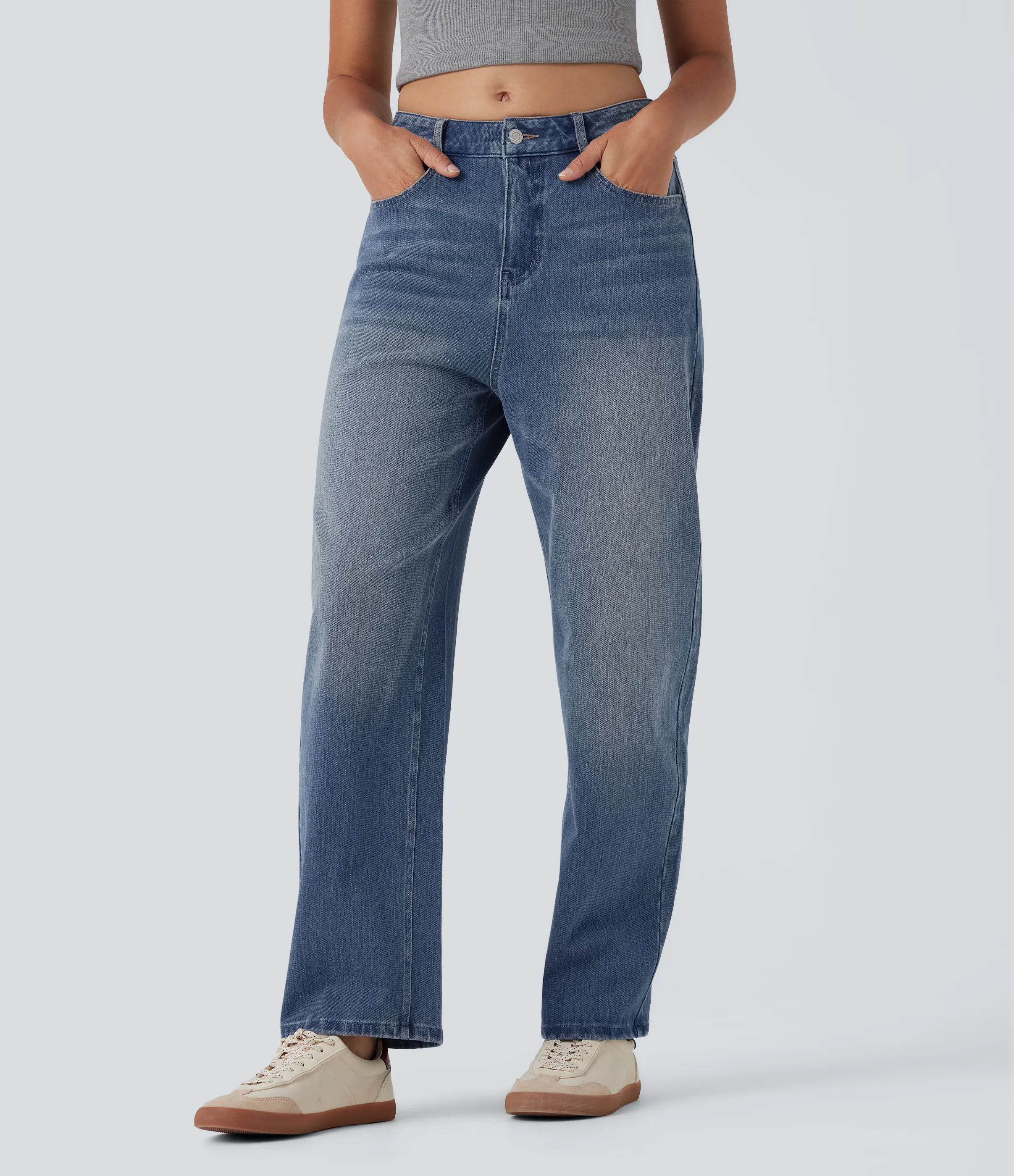 Halara Jeans anchos Halara Flex™ de tiro alto casuales tipo desgastados con bolsillos - Tide Blue Denim - L(regular) sold by Halara