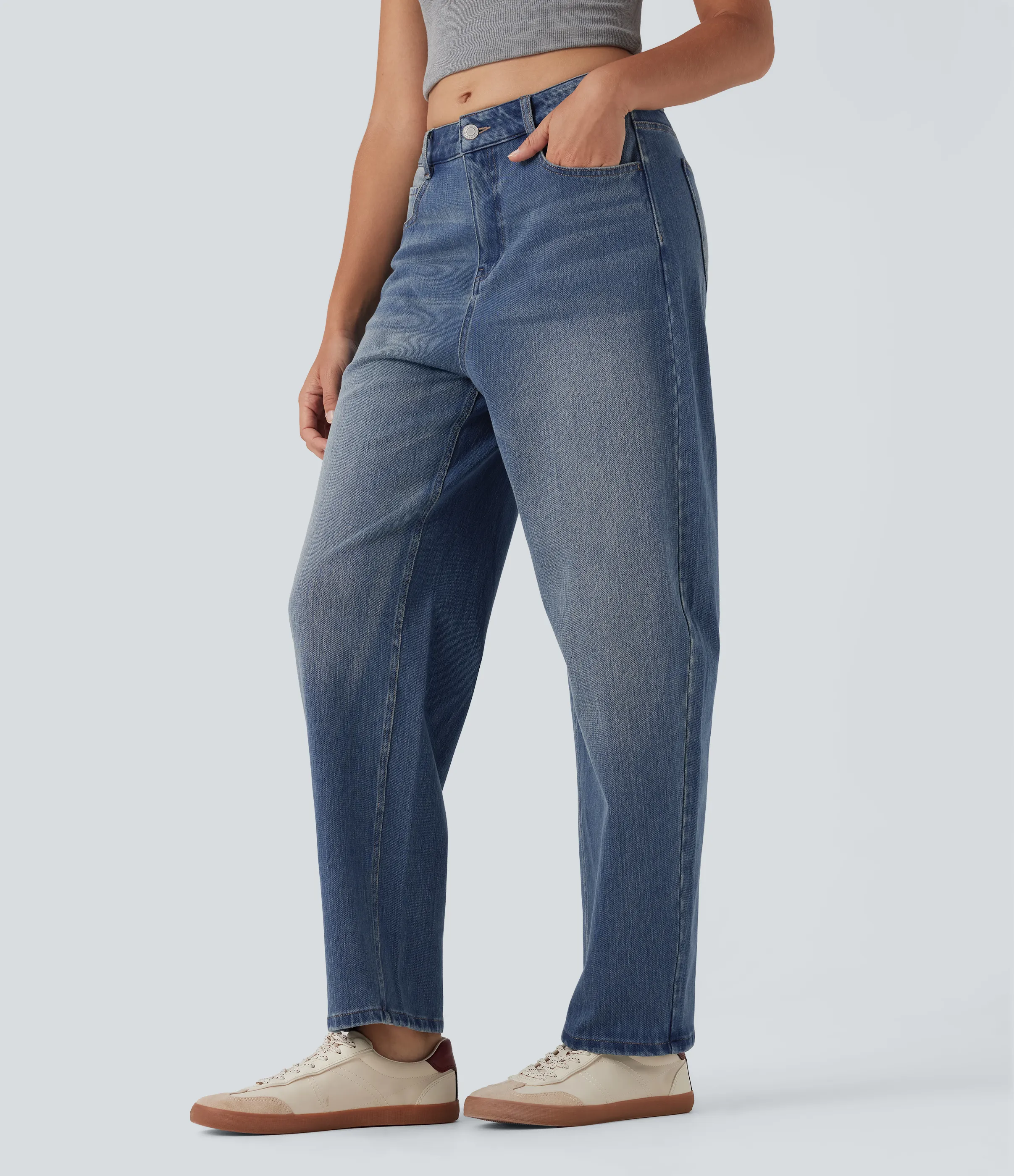 Halara Jeans anchos Halara Flex™ de tiro alto casuales tipo desgastados con bolsillos - Tide Blue Denim - L(regular) sold by Halara product image thumbnail 4