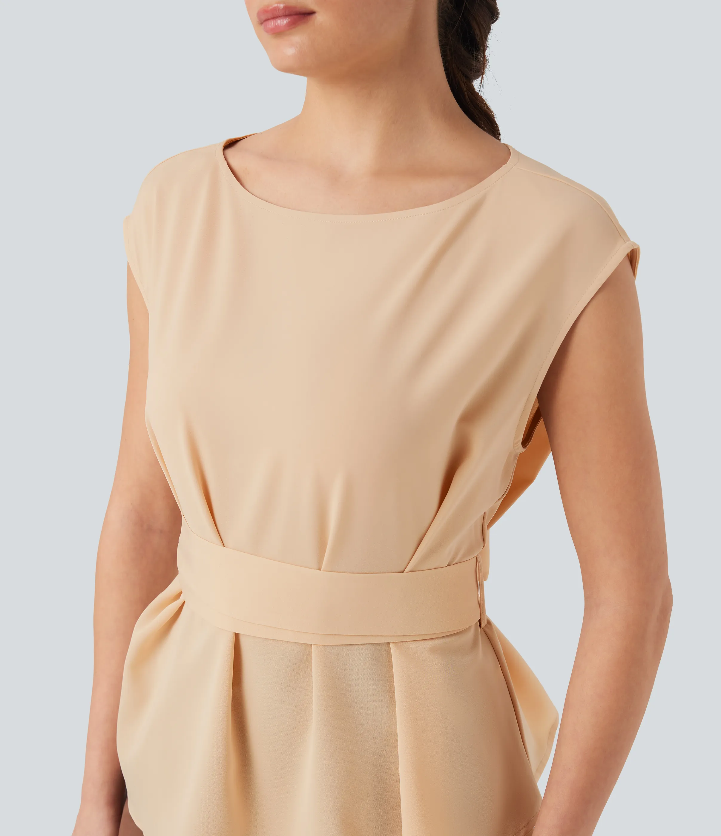 Halara Blusa de oficina antiarrugas con cuello barco sin mangas y lazo en la espalda - Gray Sand - L sold by Halara product image thumbnail 5