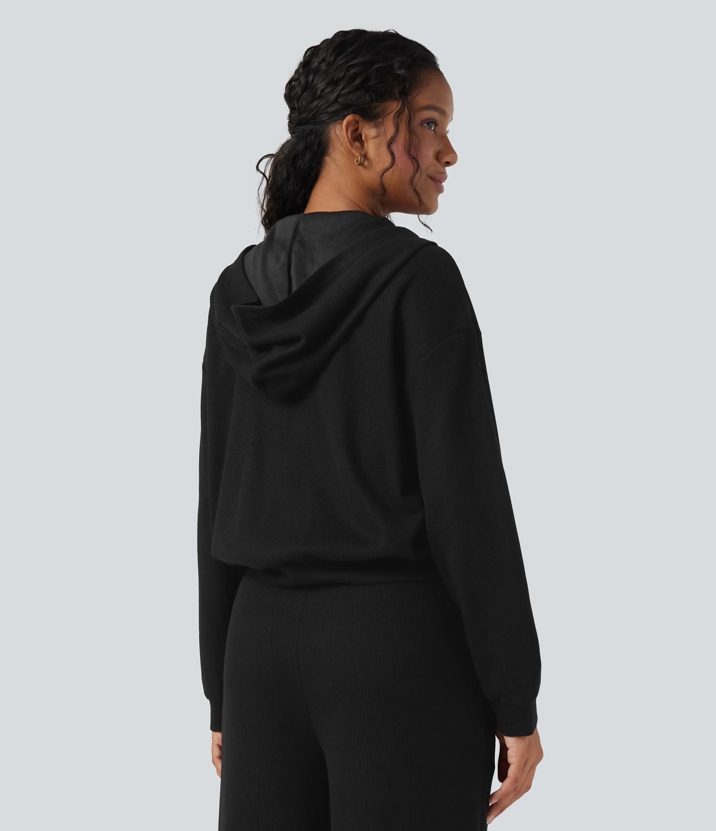 Halara Chamarra casual holgada de punto acanalado con capucha, cremallera y bolsillos - Black - L sold by Halara product image thumbnail 3