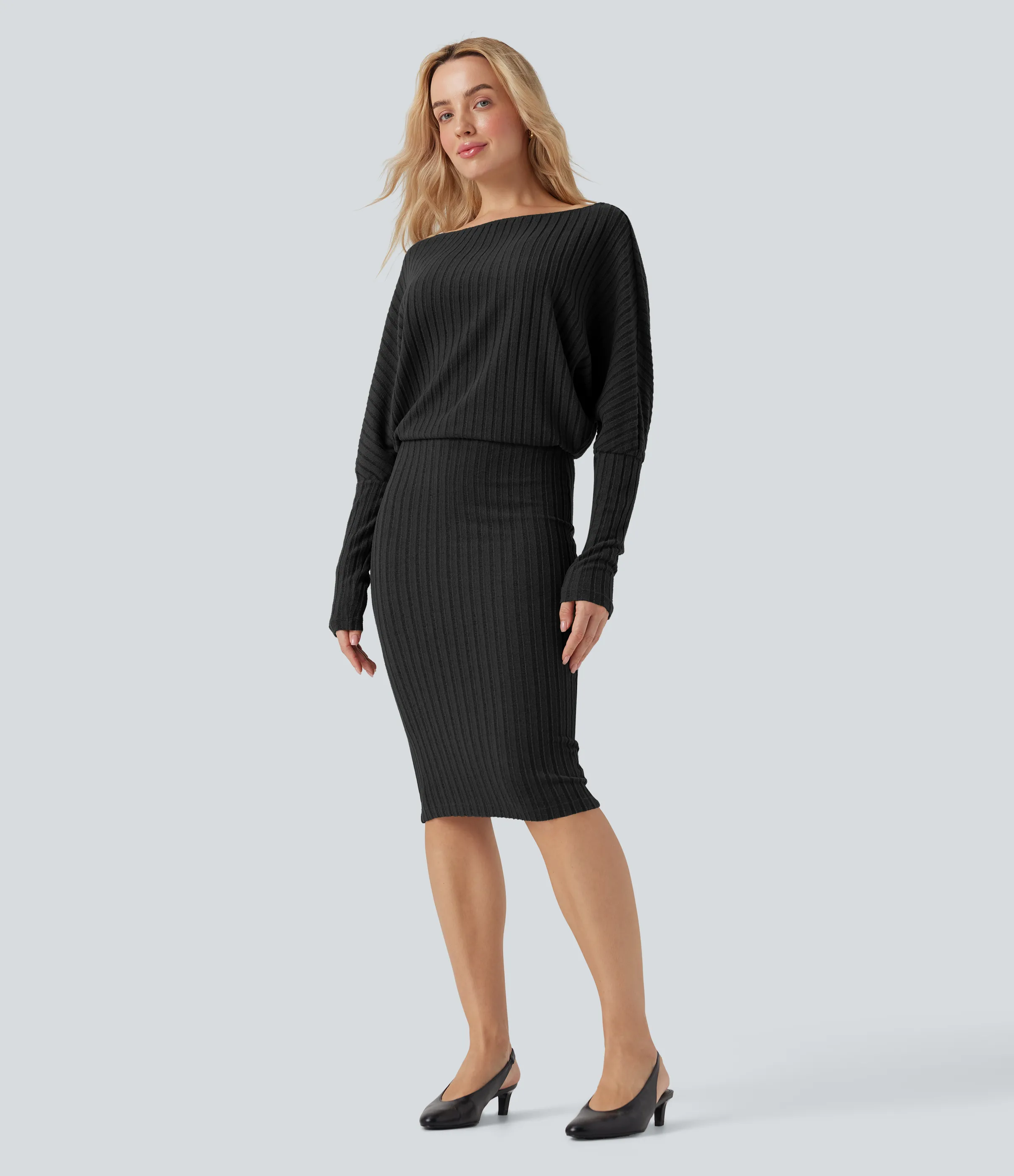 Halara Vestido casual midi ajustado de punto acanalado con hombros descubiertos y manga larga de murciélago - Black - M sold by Halara product image thumbnail 4