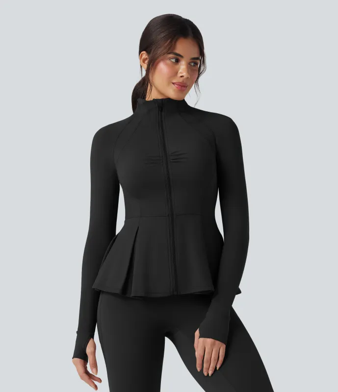 Halara Chaqueta de yoga ajustada SoftlyZero™ de felpa con cuello alto, aberturas para los pulgares y dobladillo plisado fruncido - Black - L sold by Halara