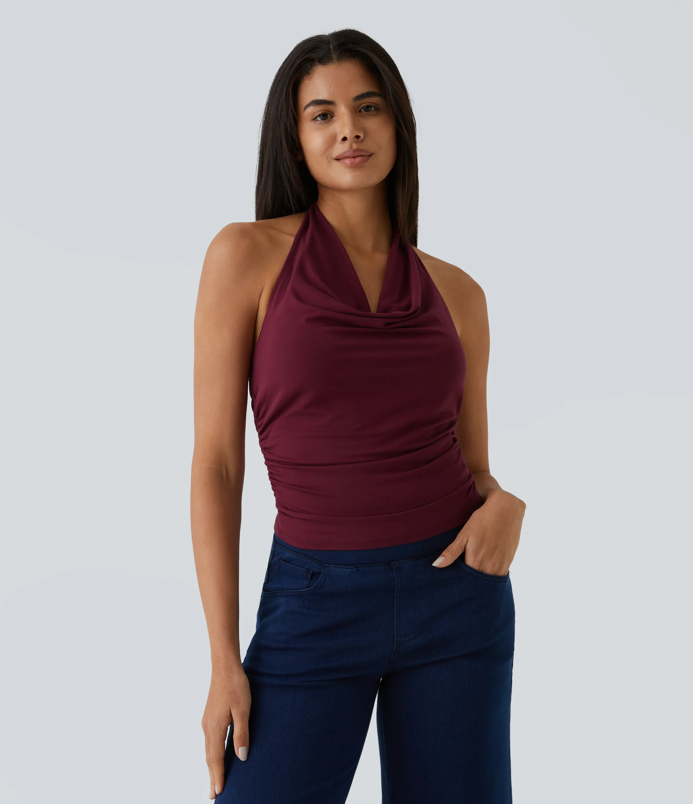 Halara Top sin manga fruncido sin espalda cuello vuelto halter - New Maroon - S sold by Halara