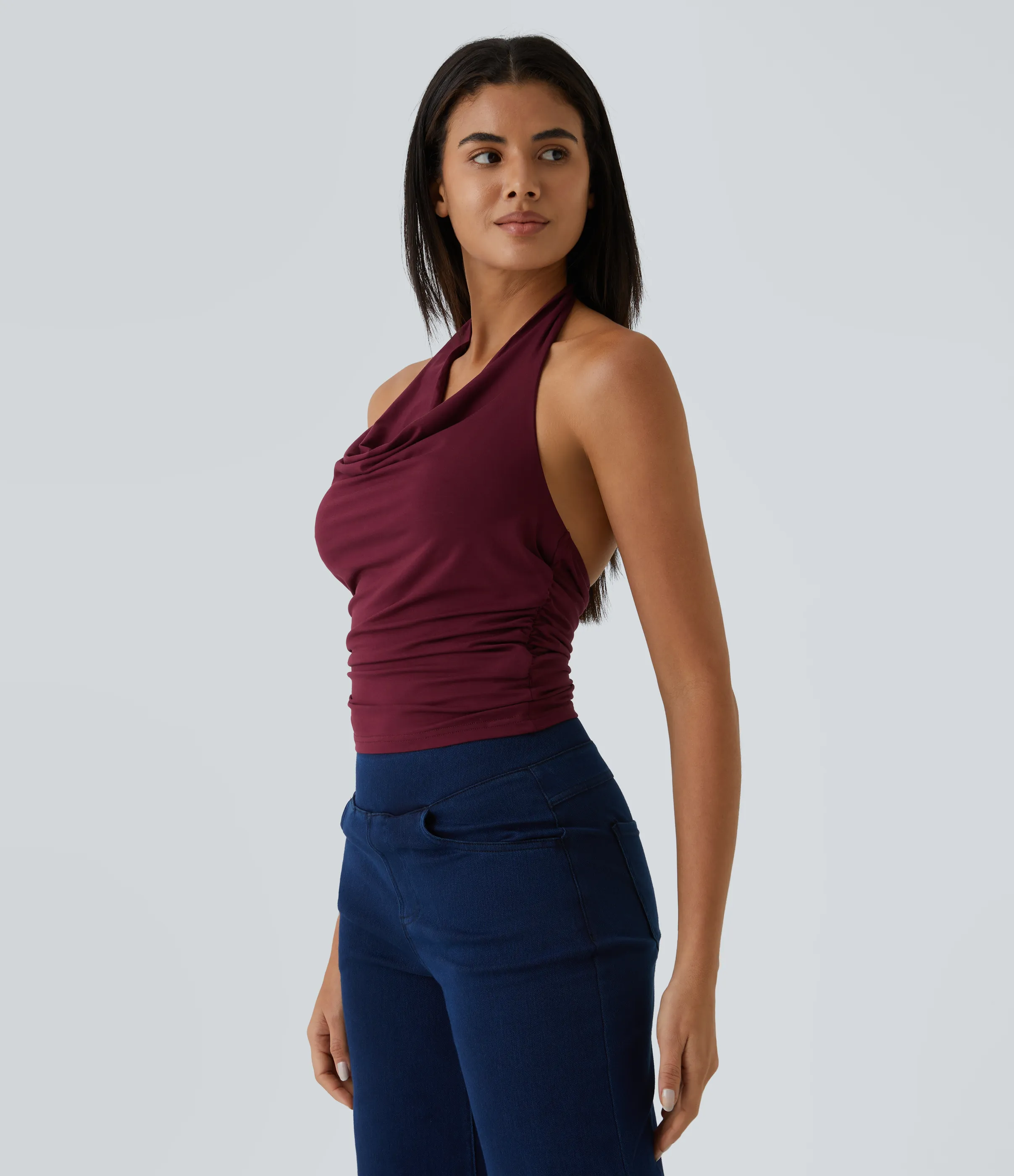Halara Top sin manga fruncido sin espalda cuello vuelto halter - New Maroon - S sold by Halara product image thumbnail 4