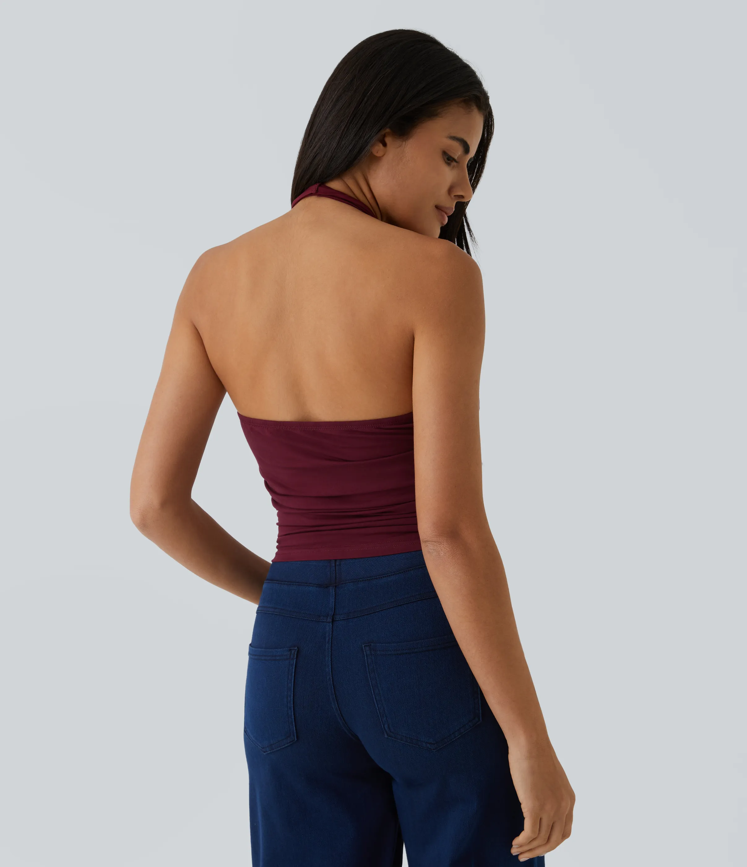 Halara Top sin manga fruncido sin espalda cuello vuelto halter - New Maroon - L sold by Halara product image thumbnail 3