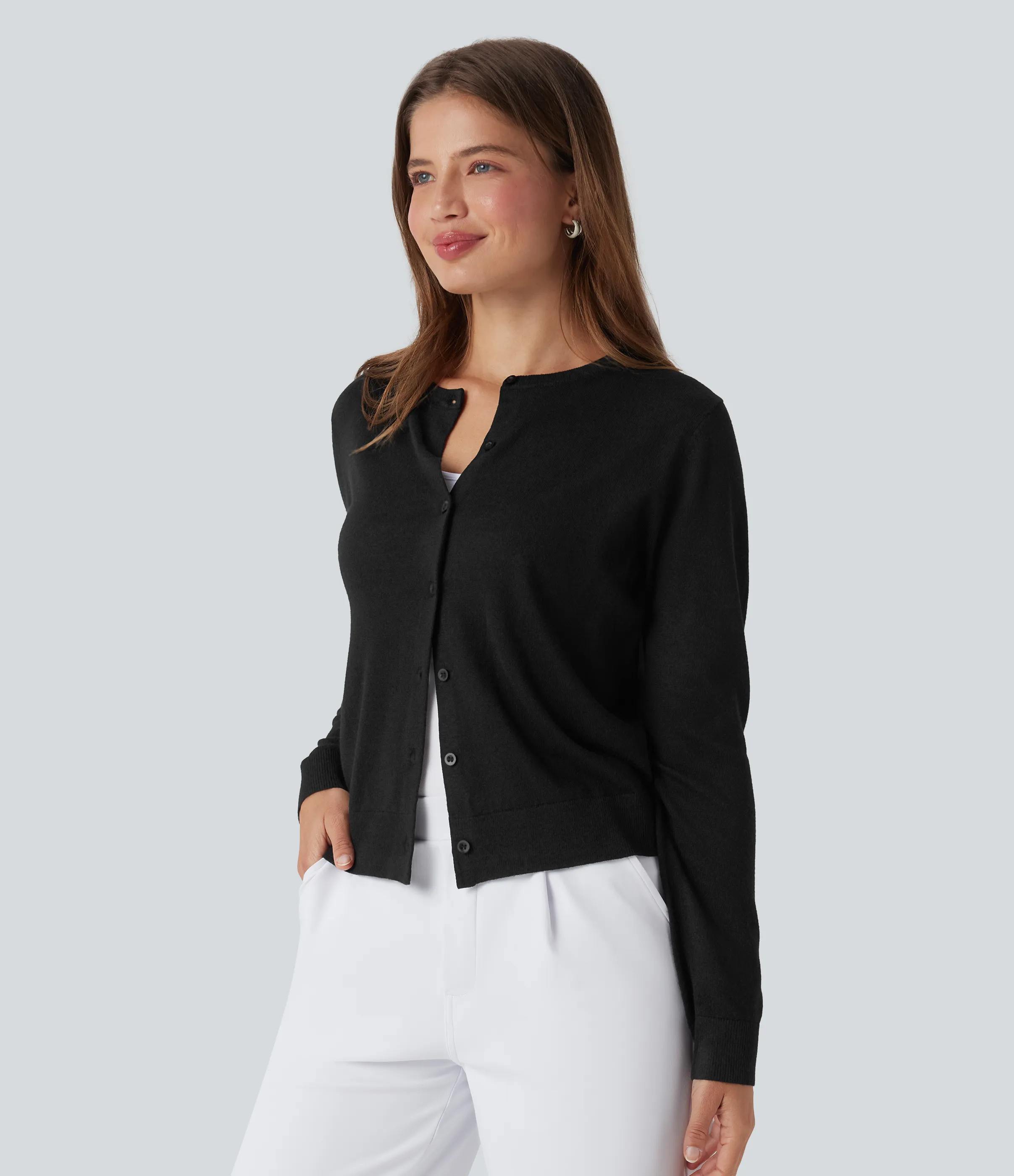 Halara Cárdigan de lana de oficina de manga larga y cuello redondo - Black - XS sold by Halara product image thumbnail 4