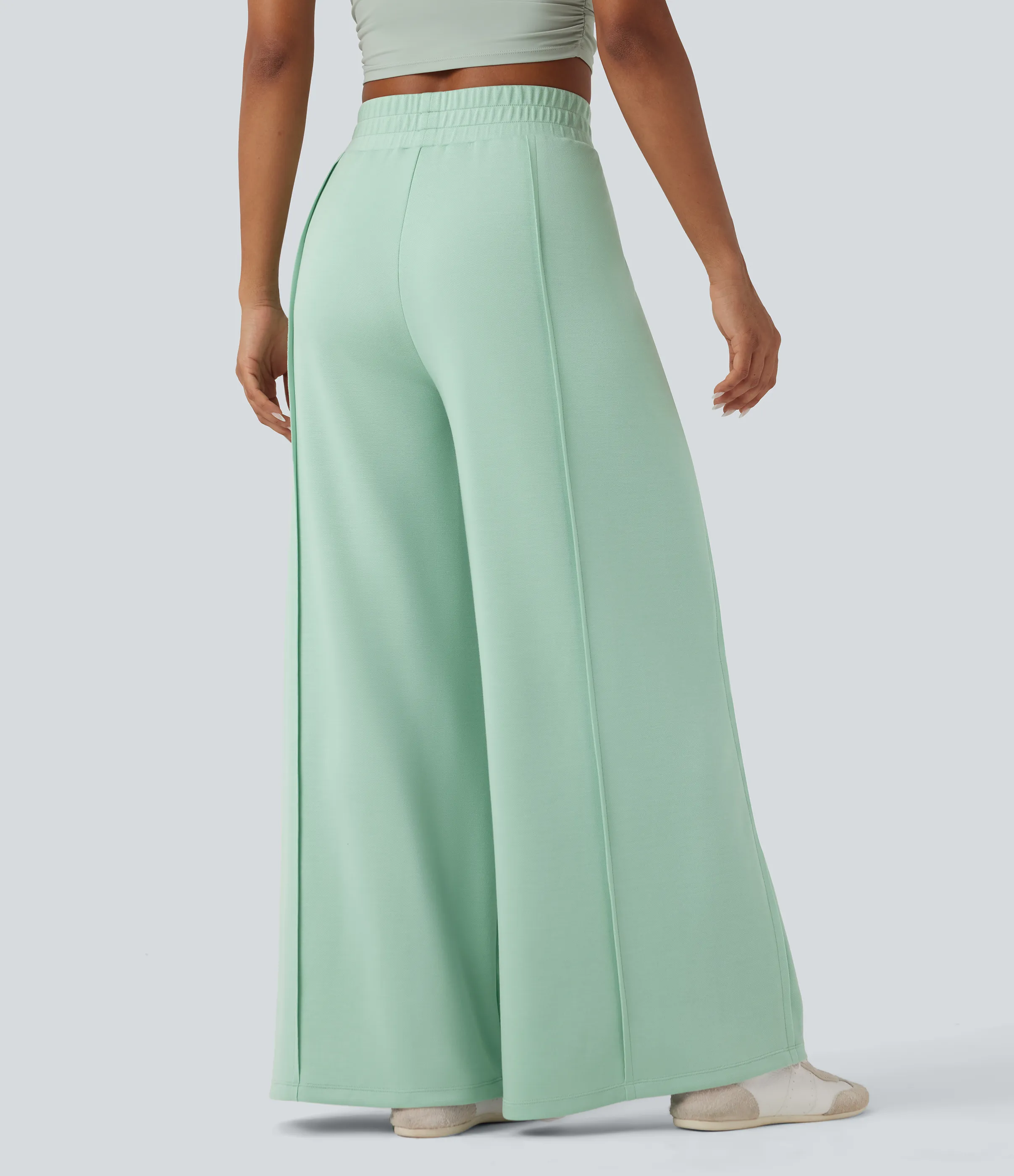 Halara Pantalones casuales anchos de tiro alto de microgofre con bolsillos - Misty Jade - XL(regular) sold by Halara product image thumbnail 4