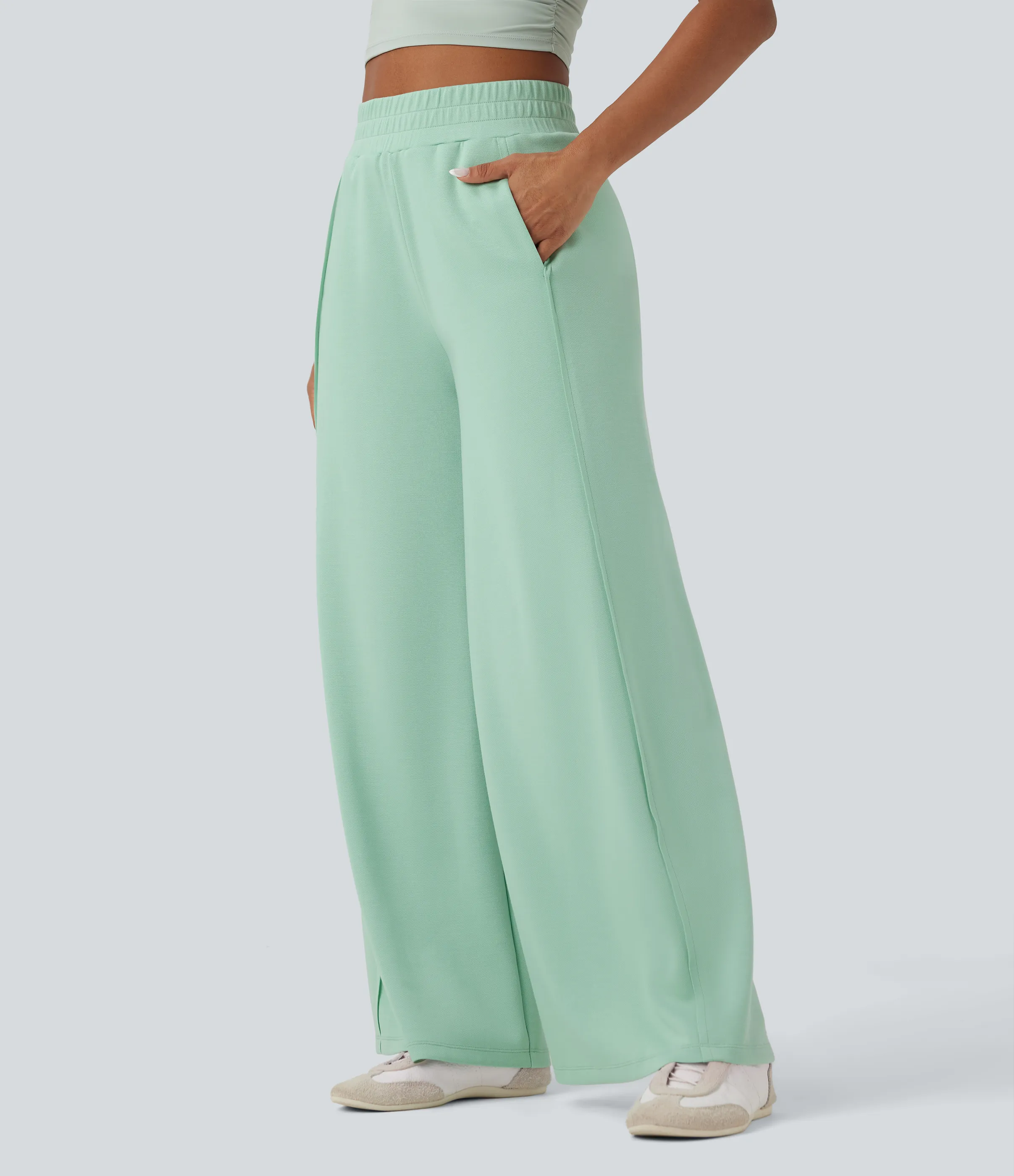 Halara Pantalones casuales anchos de tiro alto de microgofre con bolsillos - Misty Jade - XL(regular) sold by Halara product image thumbnail 5