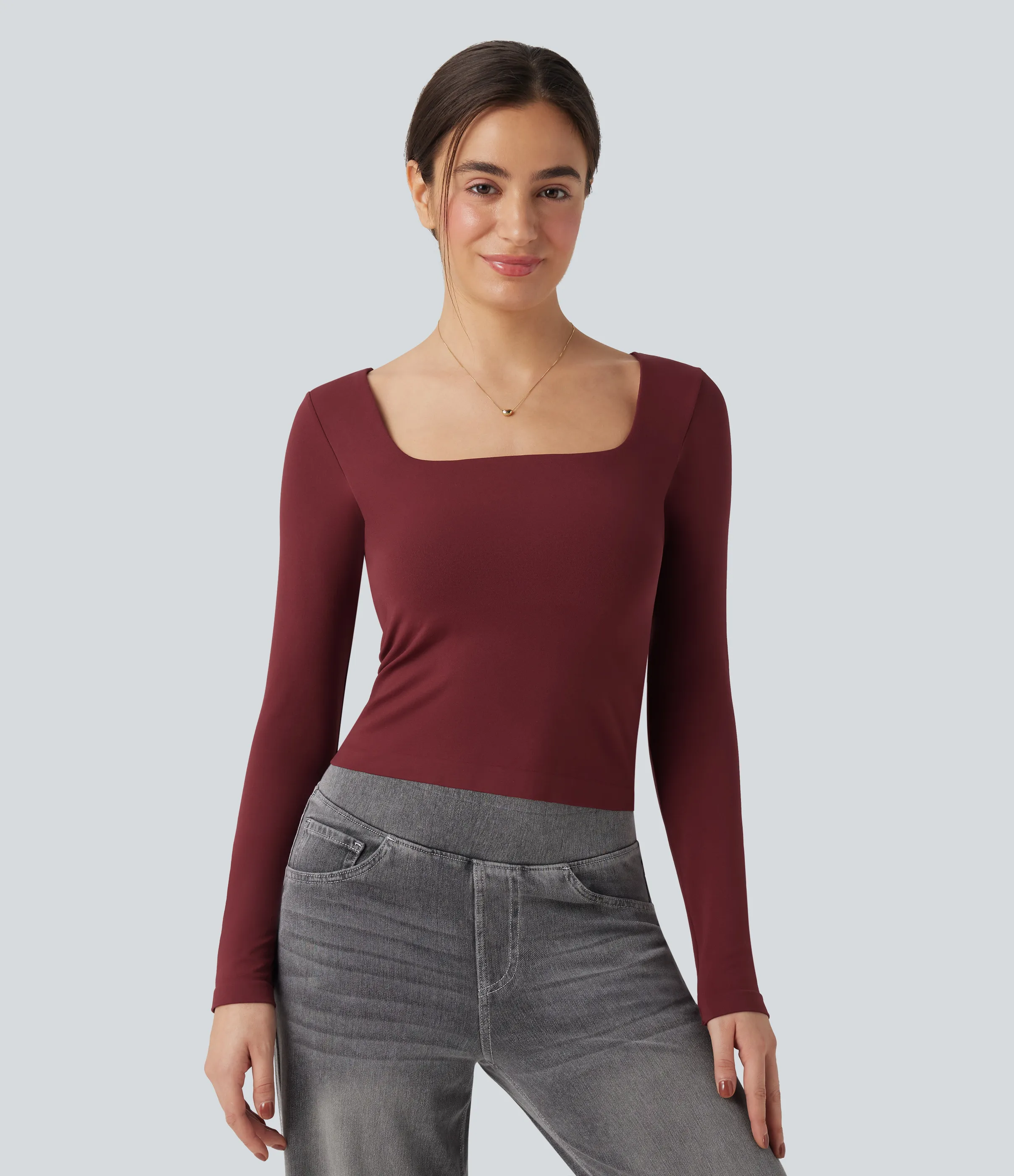 Halara Top deportivo de yoga 2 en 1 de manga larga con cuello cuadrado y sin costuras - Pomegranate - M sold by Halara product image thumbnail 3