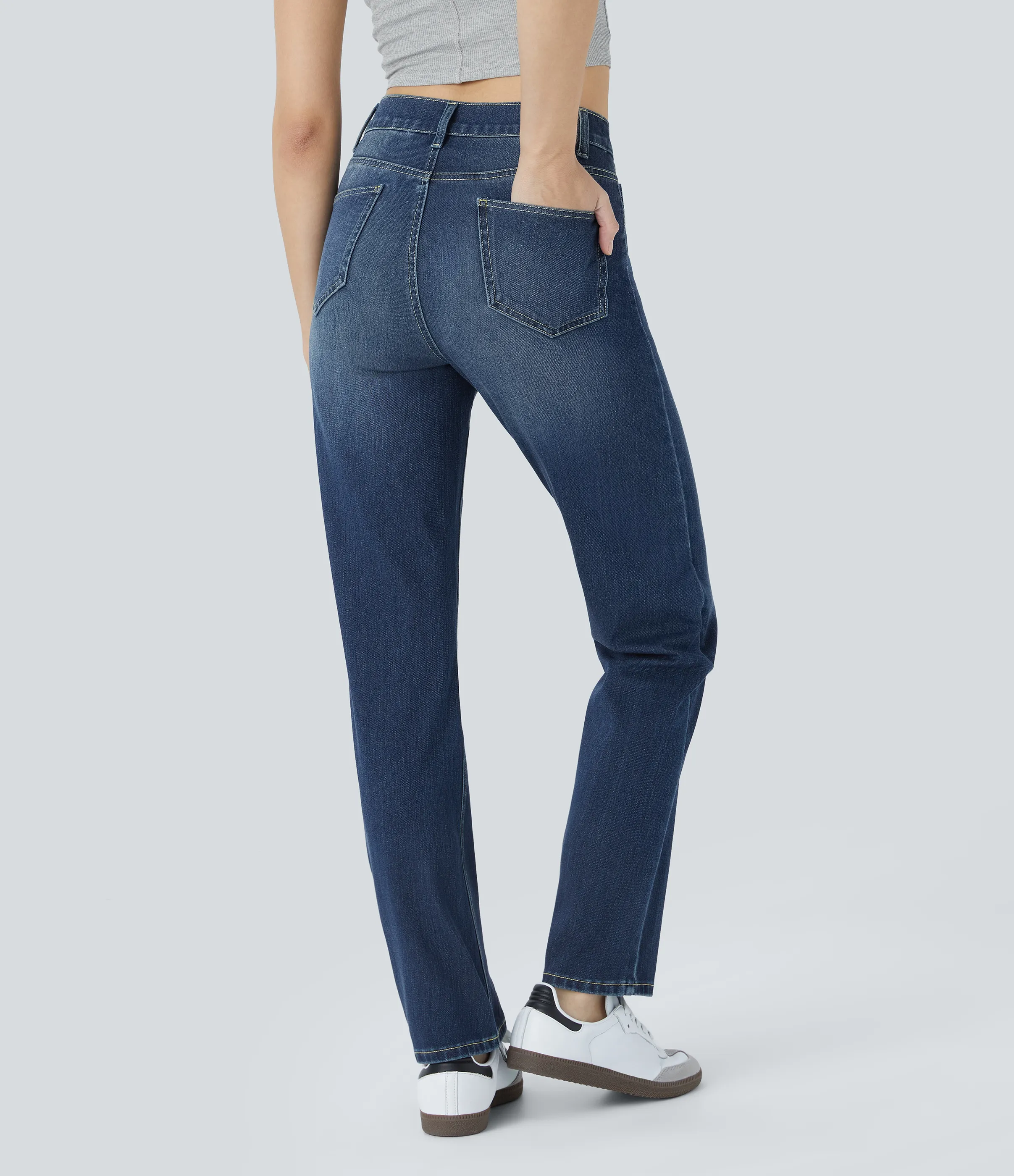 Halara Jeans Halara Flex™ Denim elásticos de tiro alto descoloridos con múltiples bolsillos - Distressed Denim Dark Blue - XL(petite) sold by Halara product image thumbnail 3