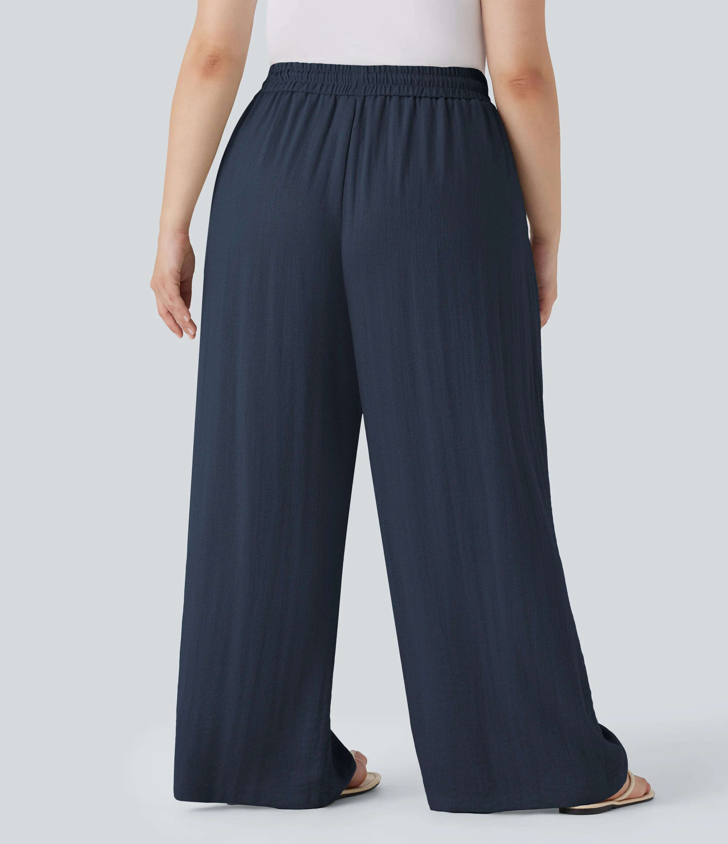 Halara Pantalón lino tiro alto cordón ajustable pierna ancha bolsillo talla grande - Dark Blue - 3X(regular) sold by Halara product image thumbnail 3