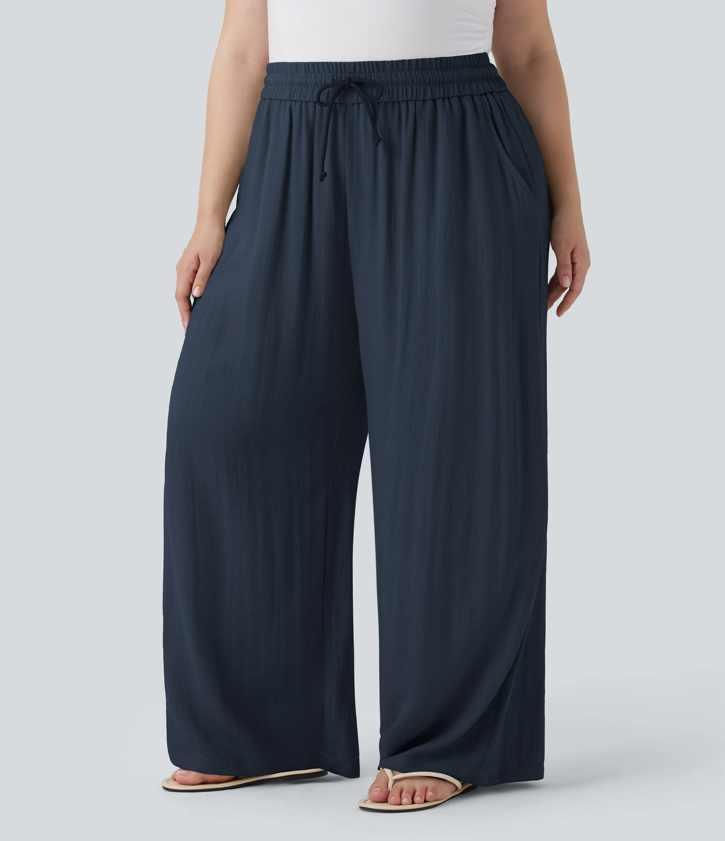 Halara Pantalón lino tiro alto cordón ajustable pierna ancha bolsillo talla grande - Dark Blue - 3X(regular) sold by Halara product image thumbnail 4