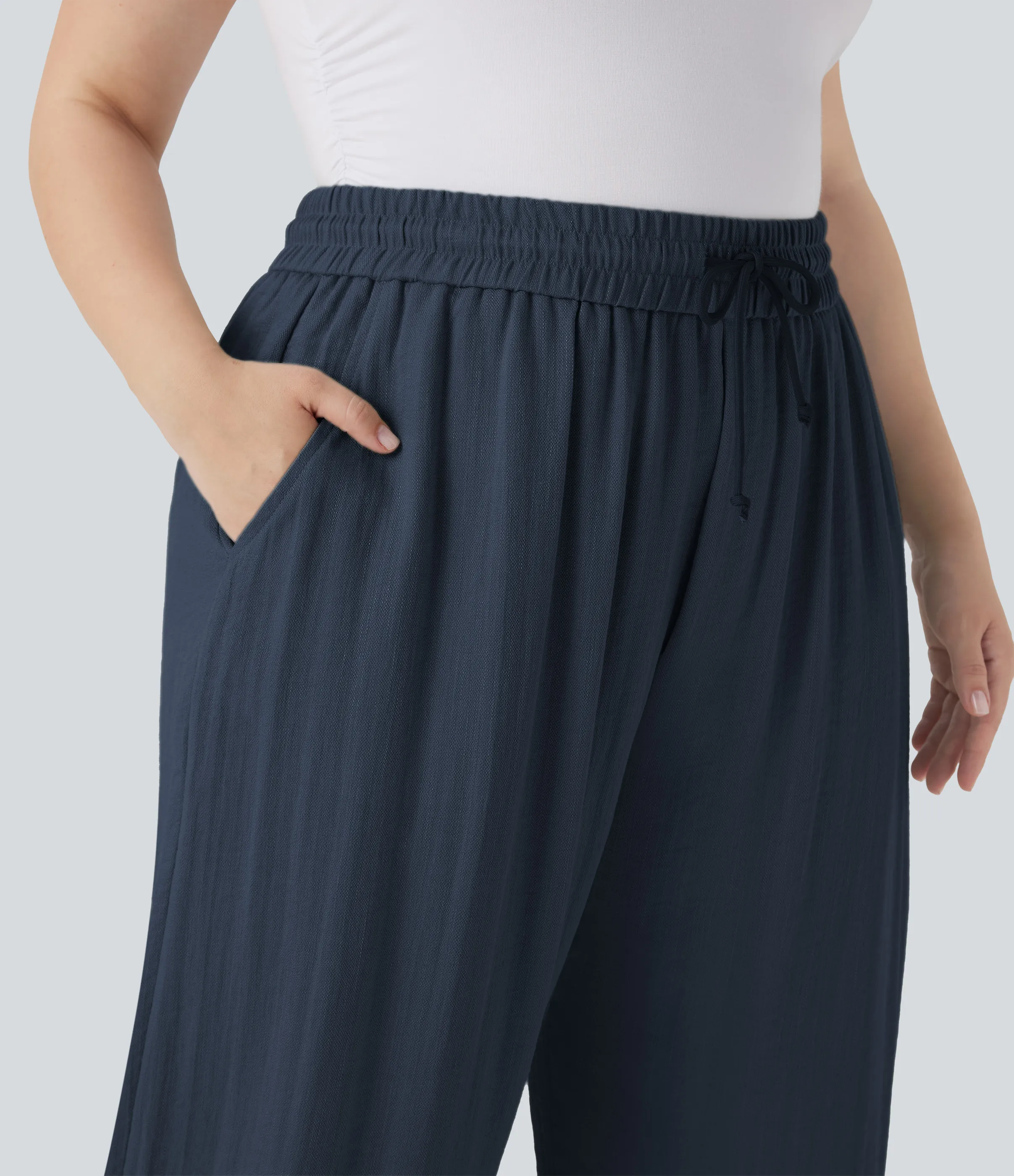 Halara Pantalón lino tiro alto cordón ajustable pierna ancha bolsillo talla grande - Dark Blue - 3X(regular) sold by Halara product image thumbnail 5